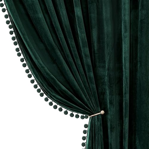 Benedeco Cortinas de terciopelo verde para ventana de dormitorio con pompones, cortinas de lujo súper suaves, cortinas de oscurecimiento de la