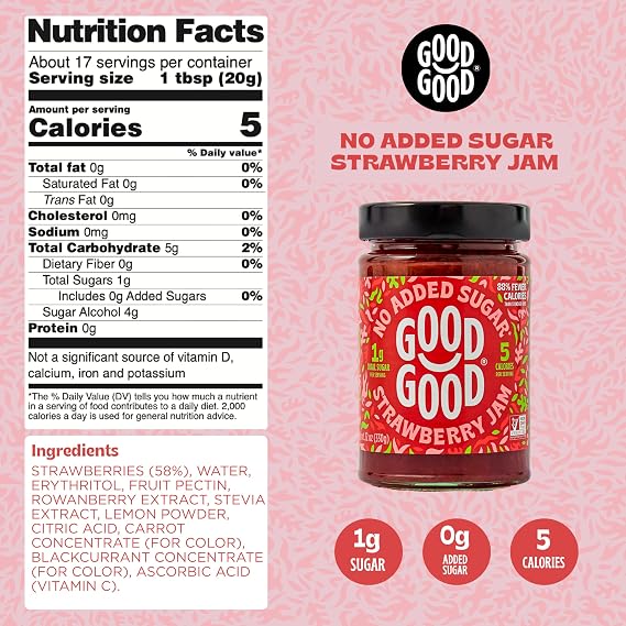 GOOD GOOD Strawberry Jam - No Added Sugar - Low Calorie - Gluten Free and Vegan - Diabetic and Keto Friendly - 12oz / 330g (Pack of 1)
