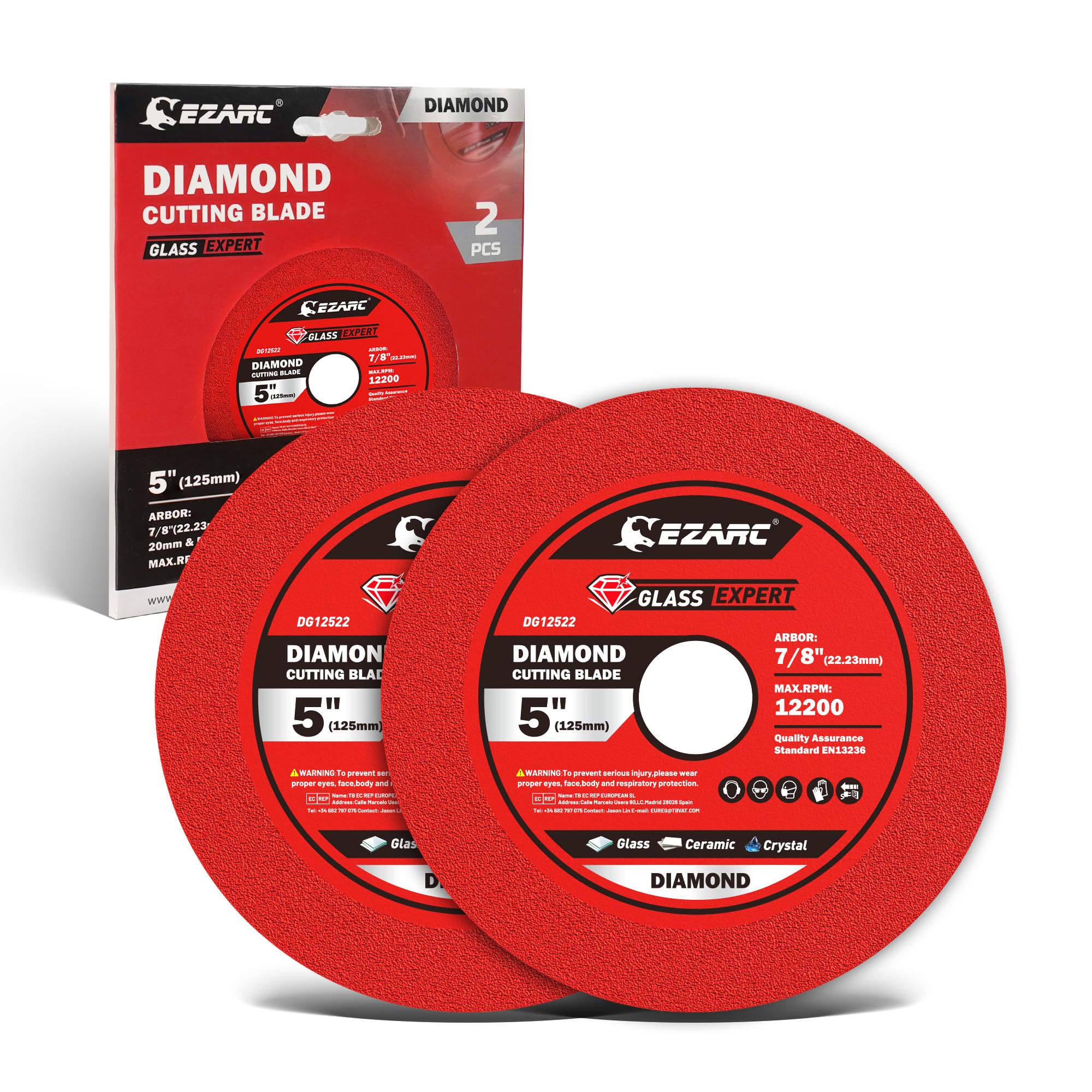 EZARC Glass Cutting Discs, Angle Grinder Discs 125mm Diamond Cutting Disc, Ultra Thin Tile Cutters for Ceramic Tiles Glass Crystal Porcelain, Chip-Free, Smooth Fast, 2-Pack