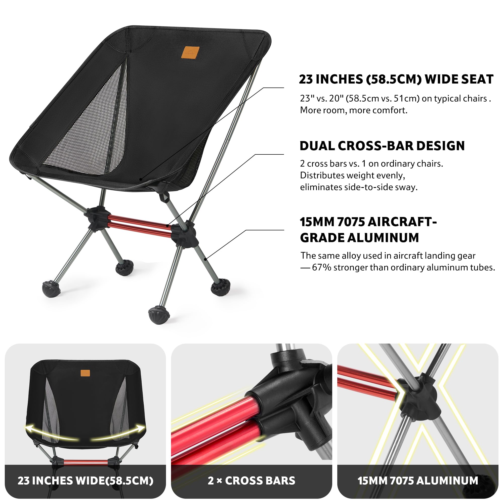Naturehike Chaise de camping pliable et portable - Chaise de pêche ultra légère - Petite chaise pliante avec sac de transport pour camping, extérieur, randonnée (noir)