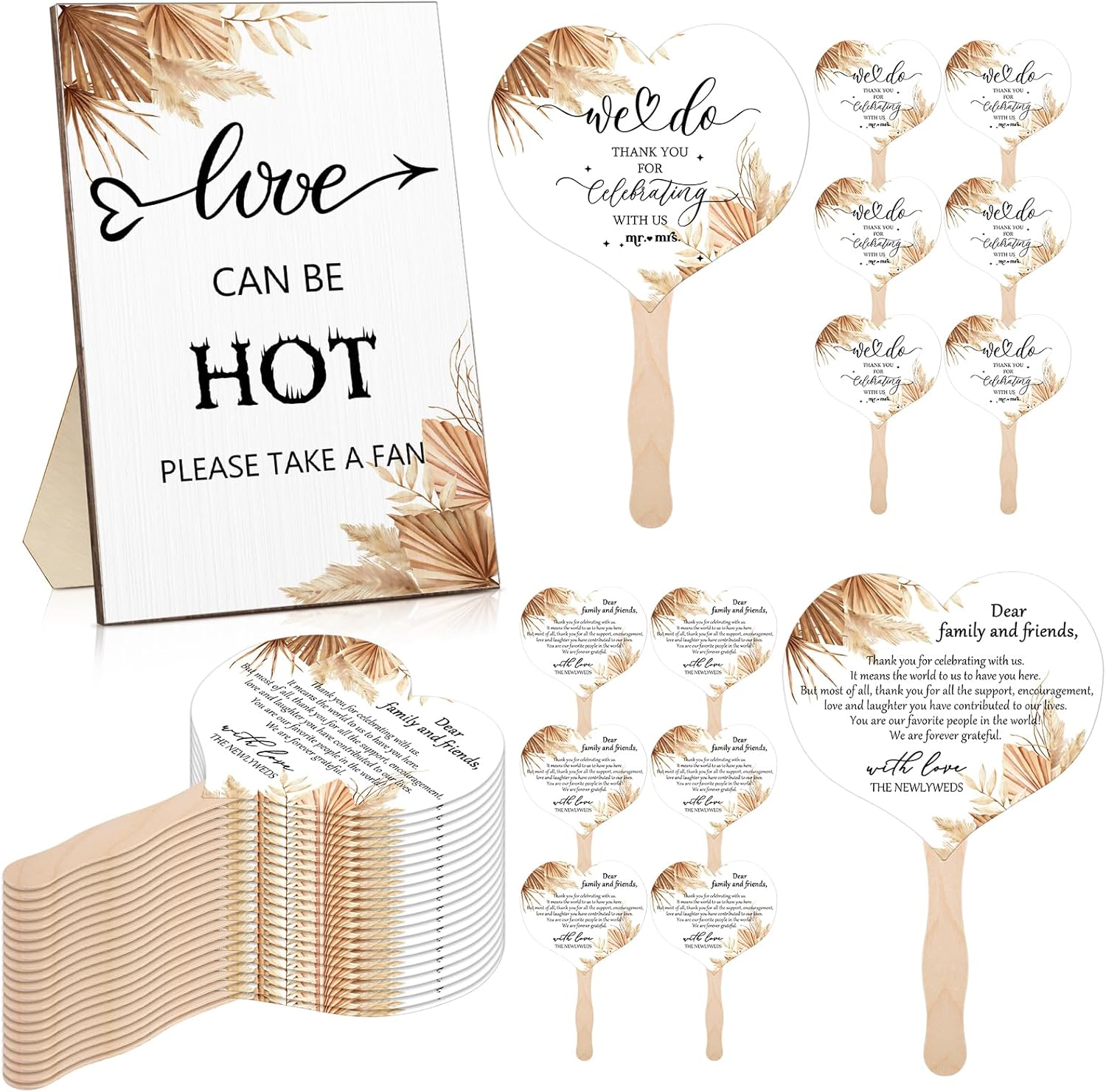 51 Pcs Wedding Fans for Guests Flower Wedding Favors 50 Flower Heart Wedding Paper Fans with Wood Handle, 1 Pcs Love Can Be Hot Wooden Wedding Table Sign Bridal Shower Favor