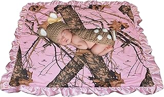 Mossy Oak BU Pink Camo Baby Blanket, Super Soft Carstens Microfur Back and Satin, Bow, Newborn Pink Camouflage Gift Blanket