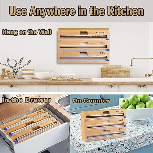 Miniatura 5 de Organizador de papel de aluminio y plástico con soporte de papel de aluminio para pared de cocina, dispensador de plástico 3 en 1 con cortador y