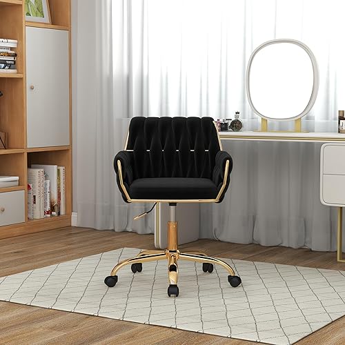 Miniatura 9 de Silla de tocador moderna de terciopelo para oficina en casa, silla giratoria de 360 de altura ajustable para maquillaje con base dorada y respaldo