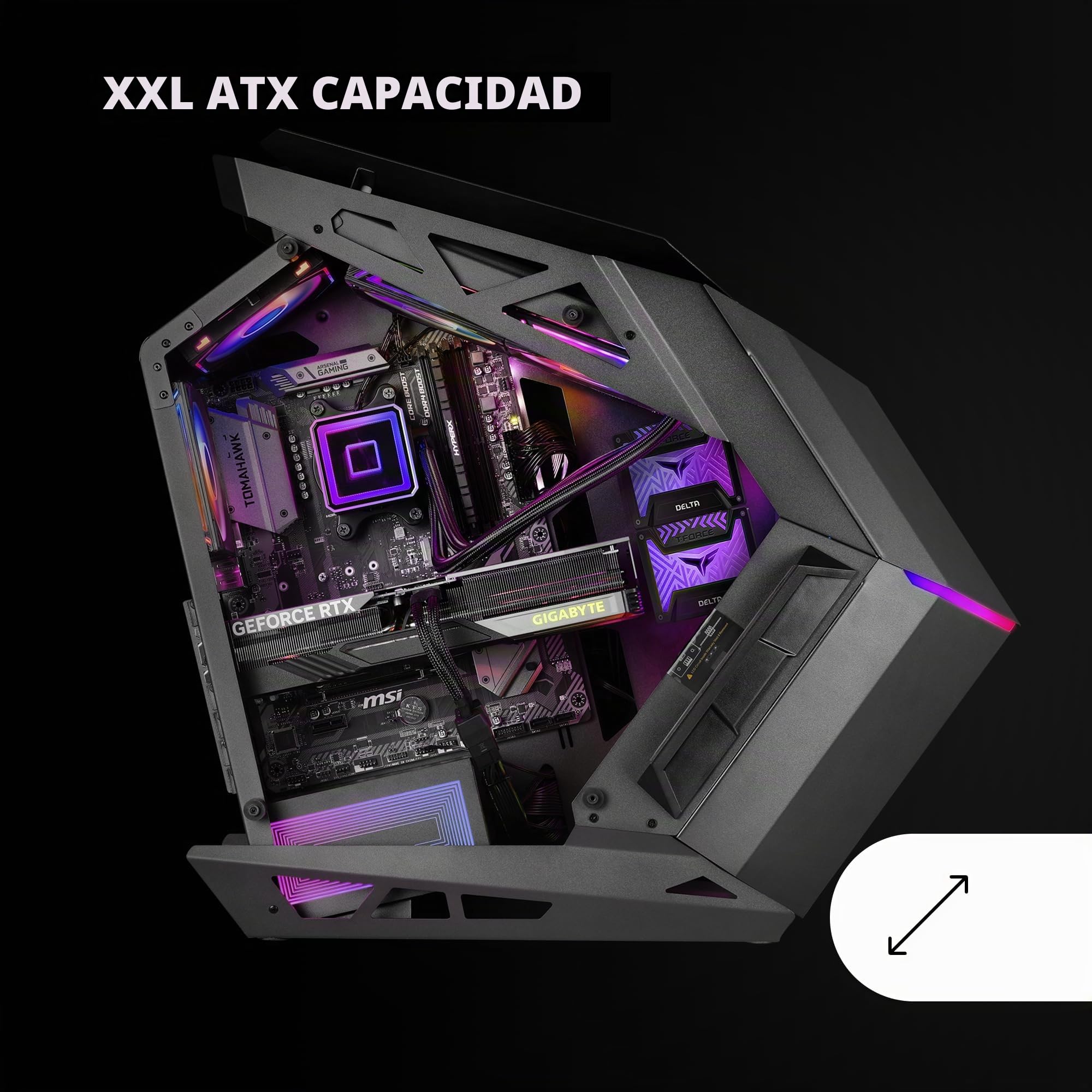 Mars Gaming MC-Titan, Caja Gaming RGB XXL ATX, Doble Tira LED e Iluminación Frontal ARGB, Hub Iluminación + Mando a Distancia, Compatible con Placas Base ARGB, Soporte Refrigeración Líquida, Negro