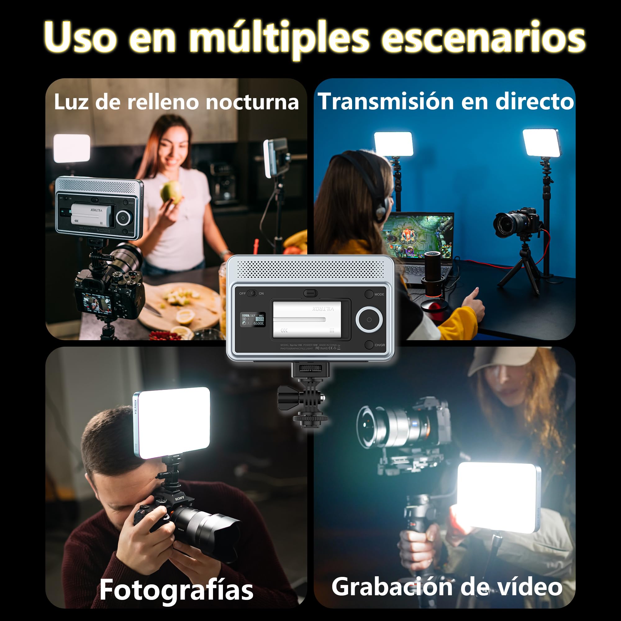 VILTROX Panel LED de 18 W 2800 K-6800 K CRI 95+ en la cámara, luz de video LED de control de smartphone de 1800 lúmenes, lámpara de relleno de fotografía regulable, 10 efectos de iluminación para