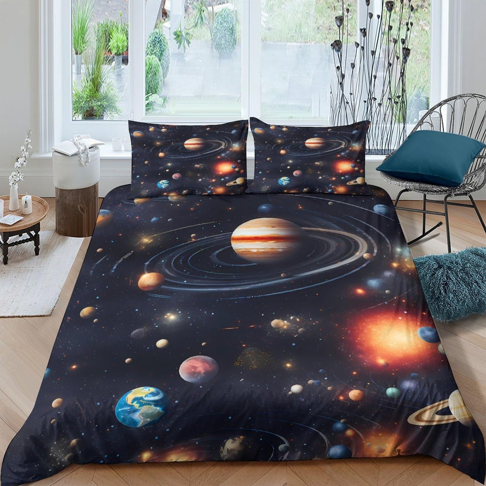 GPLZQXKJNH 3D Printed Solar System Duvet Cover Set Microfiber Soft Breathable Planet Space Bedding with 2 Pillowcases for Bedroom Home Decor Single（135x200cm）