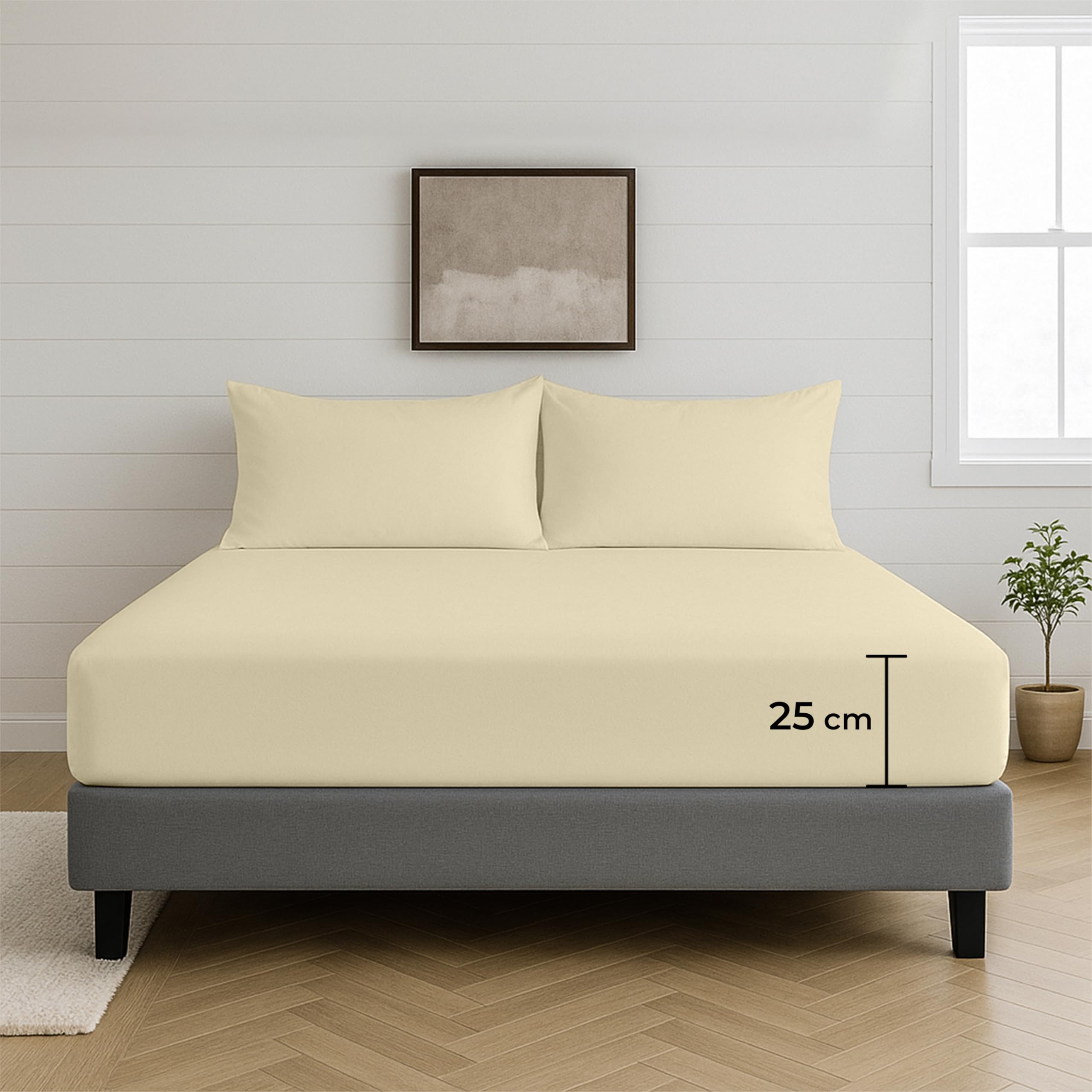Egypto Cream 100% Microfibre Fitted Sheet King Size – 25Cm Deep Fitted Sheet With Elasticated Corners – Ultra Soft, Skin Friendly Bedsheet & Durable Bottom Sheet ( – 150Cm X 200Cm)