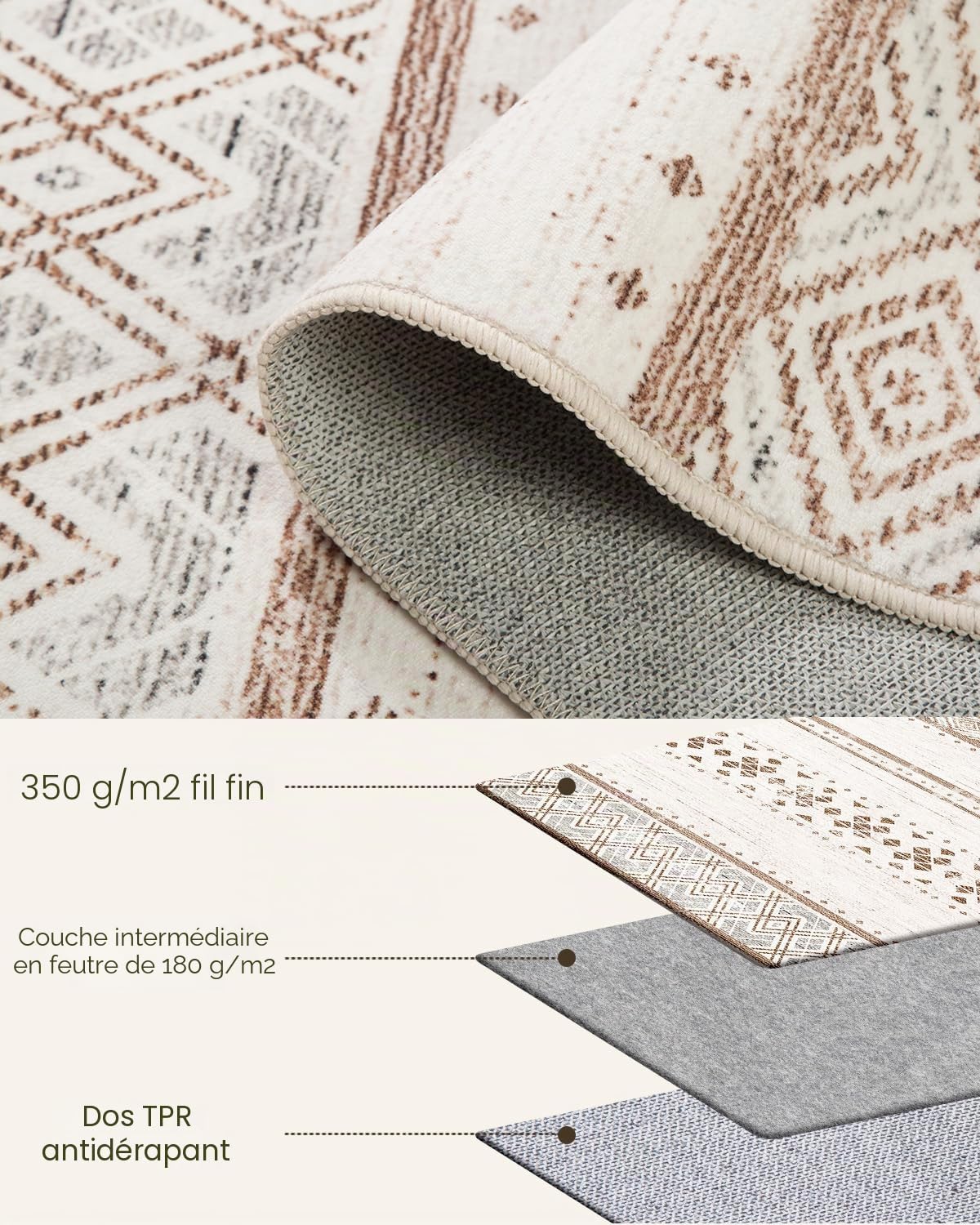 Tapis Lavable Machine 240x300cm - Poil Court Moderne, Polyester Doux, Descente de Lit Résistant, Salon/Chambre, Brun Crème