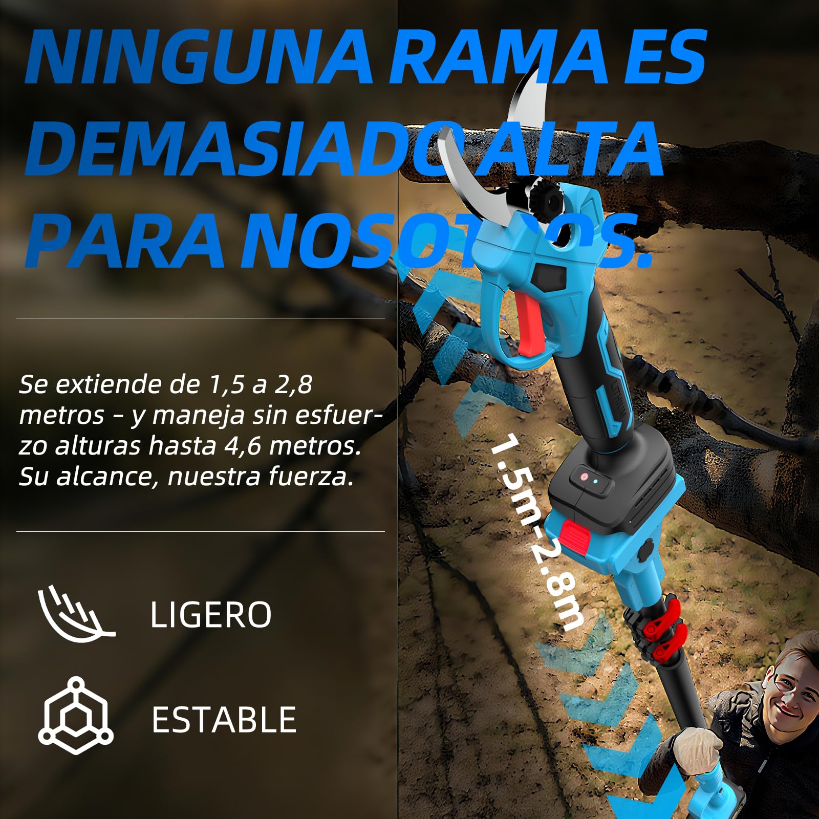 Pértiga telescópica ANEELV para tijeras de podar y sierras eléctricas – Extensible 1,2-2,5 m, cabezal 90°, altura 4,6 m – Compatible con Makita 18V