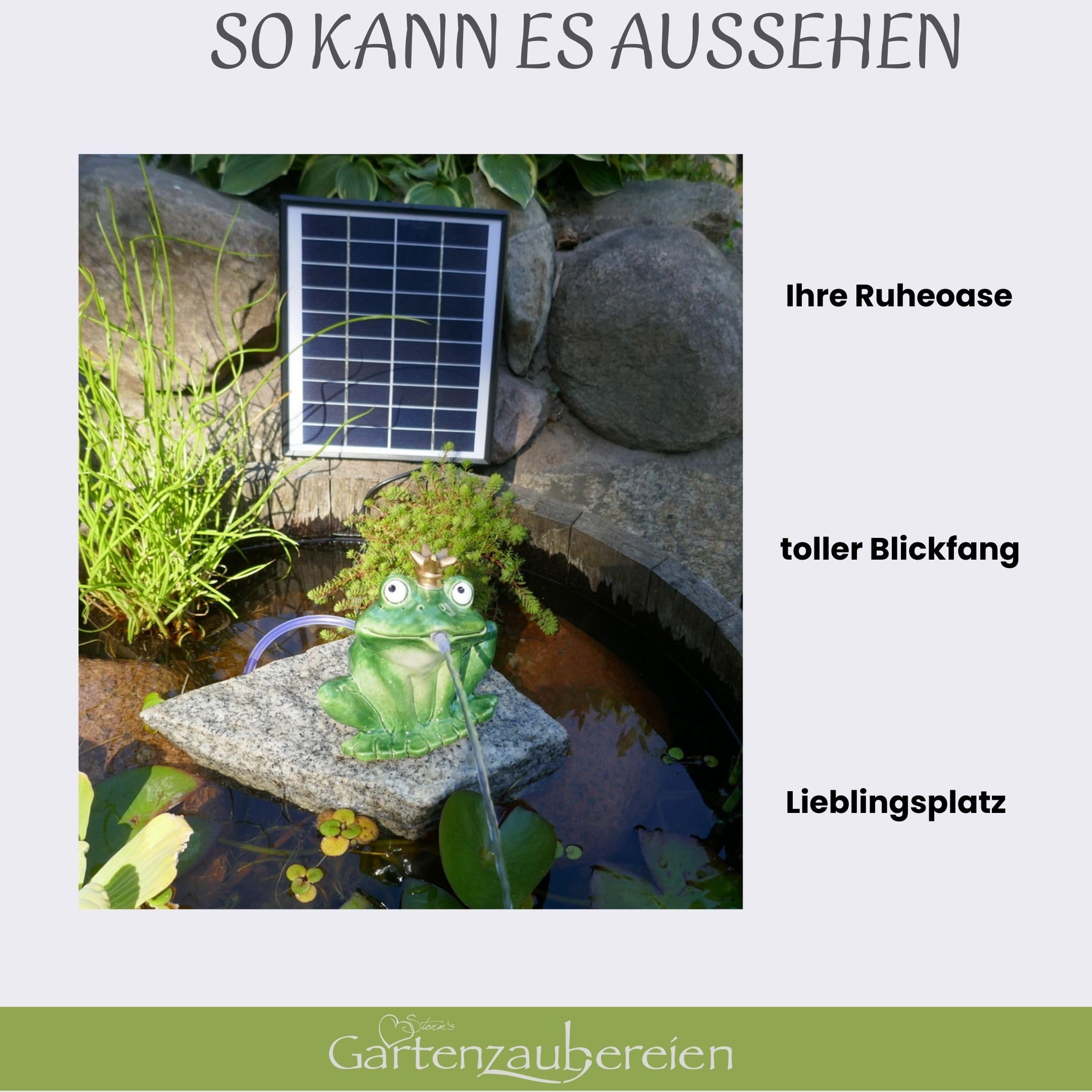 Storm's Gartenzaubereien Wasserspeier Frosch mit Akku Solarpumpe 16cm aus Keramik Laufzeit ohne Sonne 4-5 Stunden