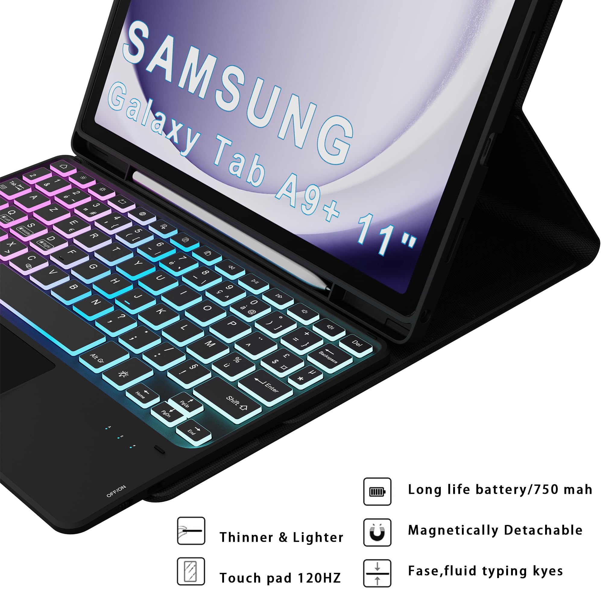 pour Samsung Galaxy Tab A9+ 11 pouces Étui avec clavier détachable - français AZERTY, Clavier rétroéclairé 3 zones 7 couleurs DIY avec pavé tactile - Étui clavier pour Galaxy Tab A9 Plus 11" 2023