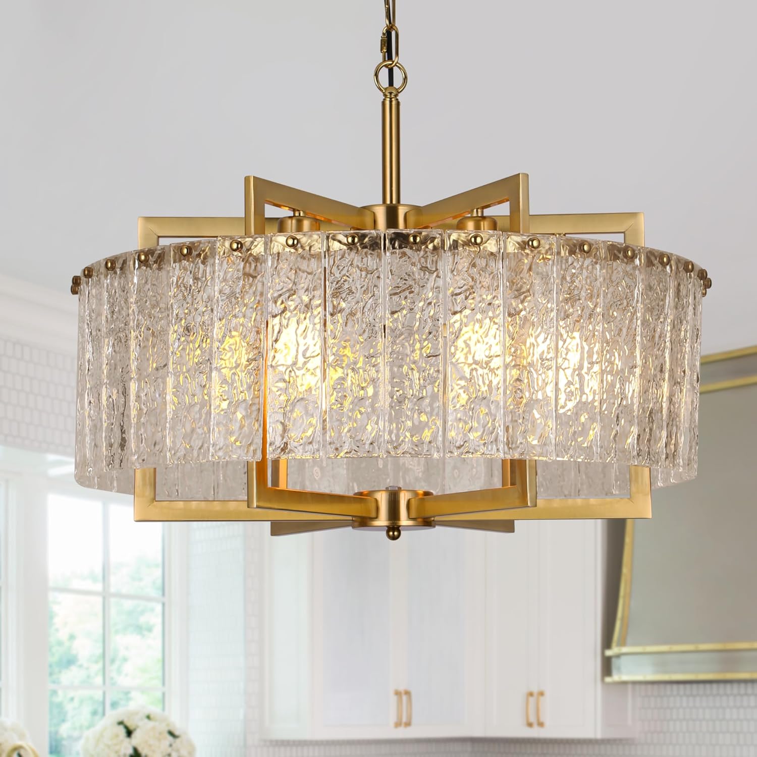 Gold Crystal Chandeliers for Dining Room, 24" Modern Drum Chandelier,Water Ripple Glass, Adjustable Height, Pendant Dining Room Light Fixture for Kitchen Island Hallway Entryway Foyer Gold 24INCH