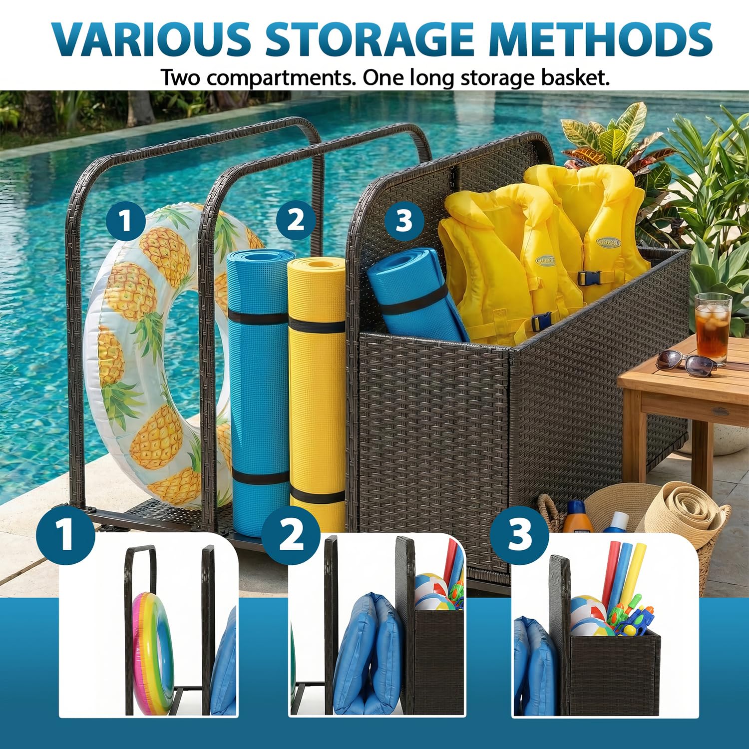 FDW Contenitore per galleggianti da piscina, con ruote, cestino in rattan sintetico, scomparti aperti per galleggianti, noodles, giubbotti di salvataggio, palline da spiaggia, attrezzature cuscini
