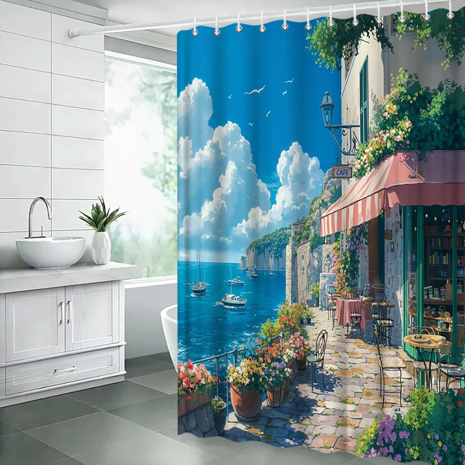 Italian Shower Curtain,Blue Ocean Floral Street Sea Landscape Polyester Bathroom Curtain with 12 Hooks,Bathtub Home Decor,70x84 Inch
