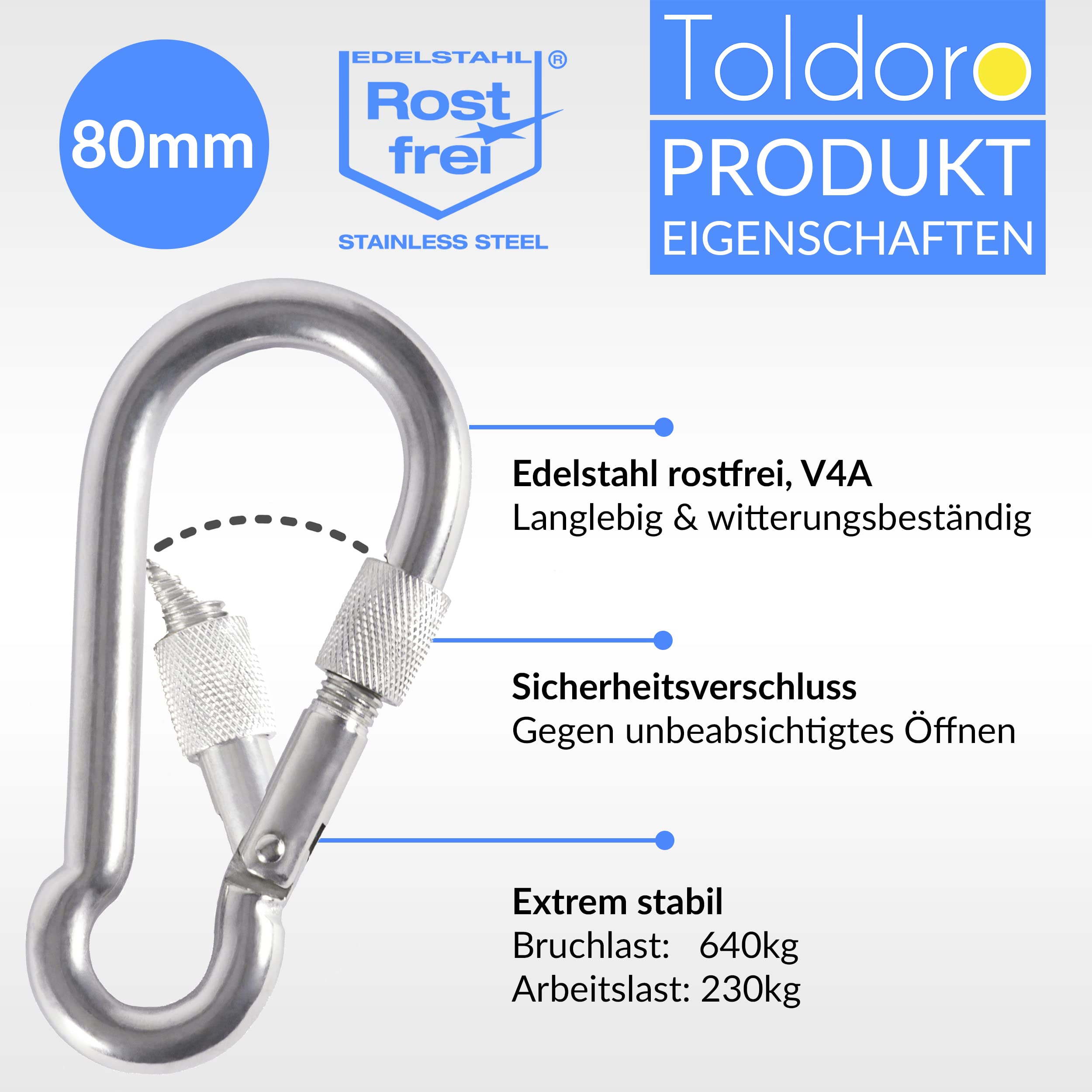 Toldoro® 10x Edelstahl Karabiner mit Schraubverschluss 80mm Rostfrei - NIRO AISI 316 V4A / Karabinerhaken Klein für Schaukel, Hängematte oder Sonnensegel/Schraubkarabiner, Bruchlast 640kg