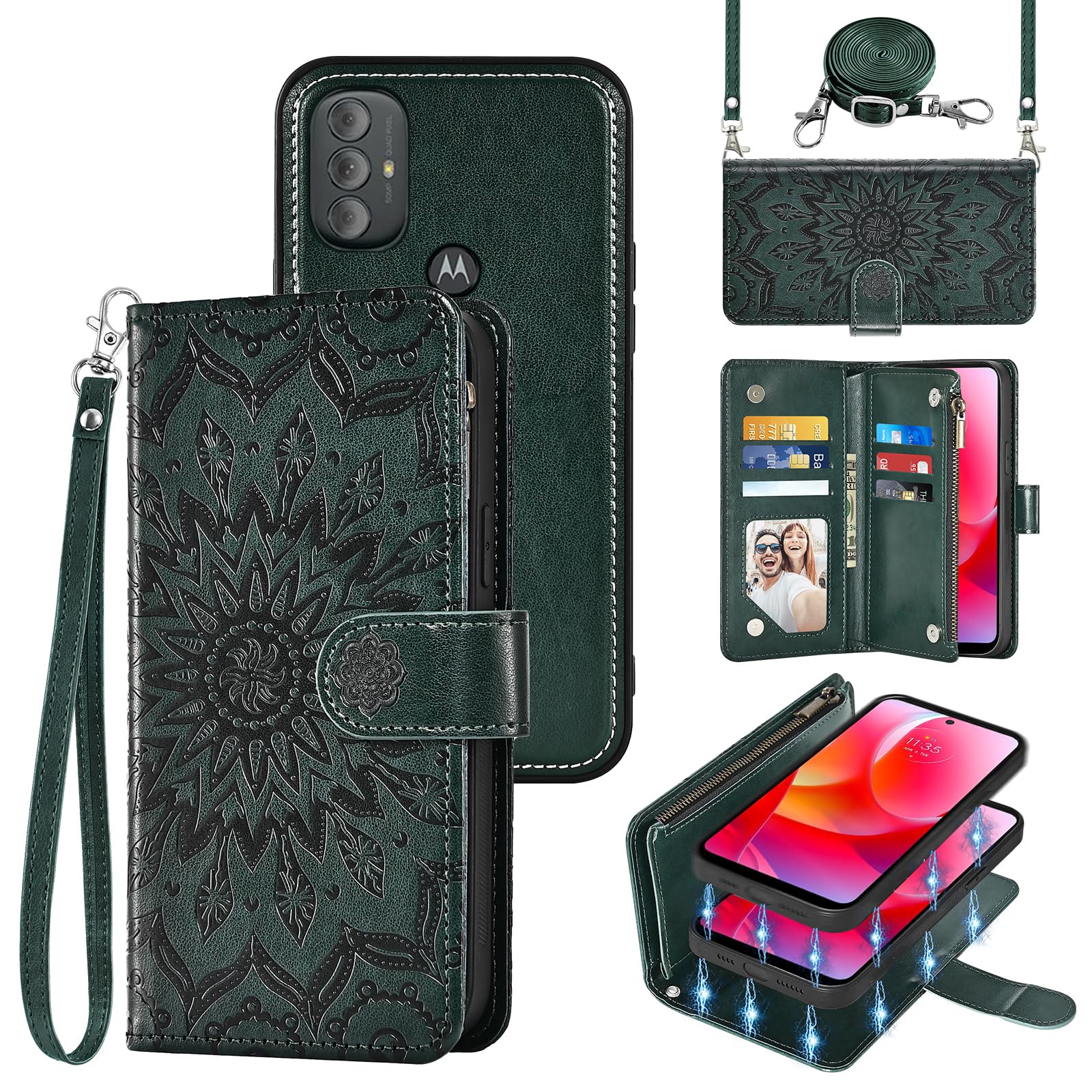 Phone Case for Motorola Moto G Power 2022/MotoG Play 2023/G Pure 2021 Zipper Wallet Magnetic Detachable Cover with Screen Protector Strap Flip Card