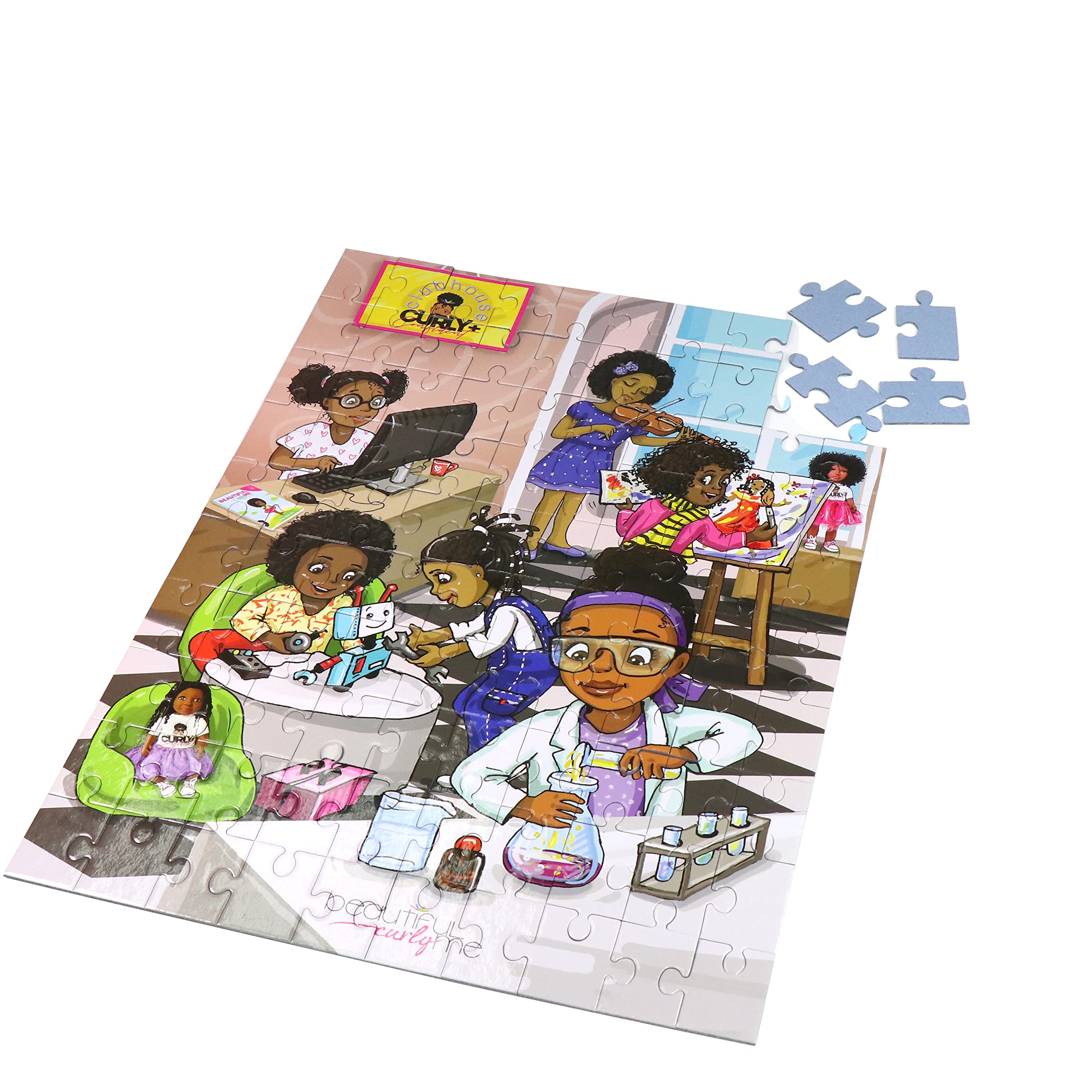 Curly + Confident Clubhouse 100 Piece STEAM Jigsaw Puzzle for Future Scientists, Engineers, Artists, Kids Ages 4-8, Kids Ages 8-12. Inspire Love of STEM