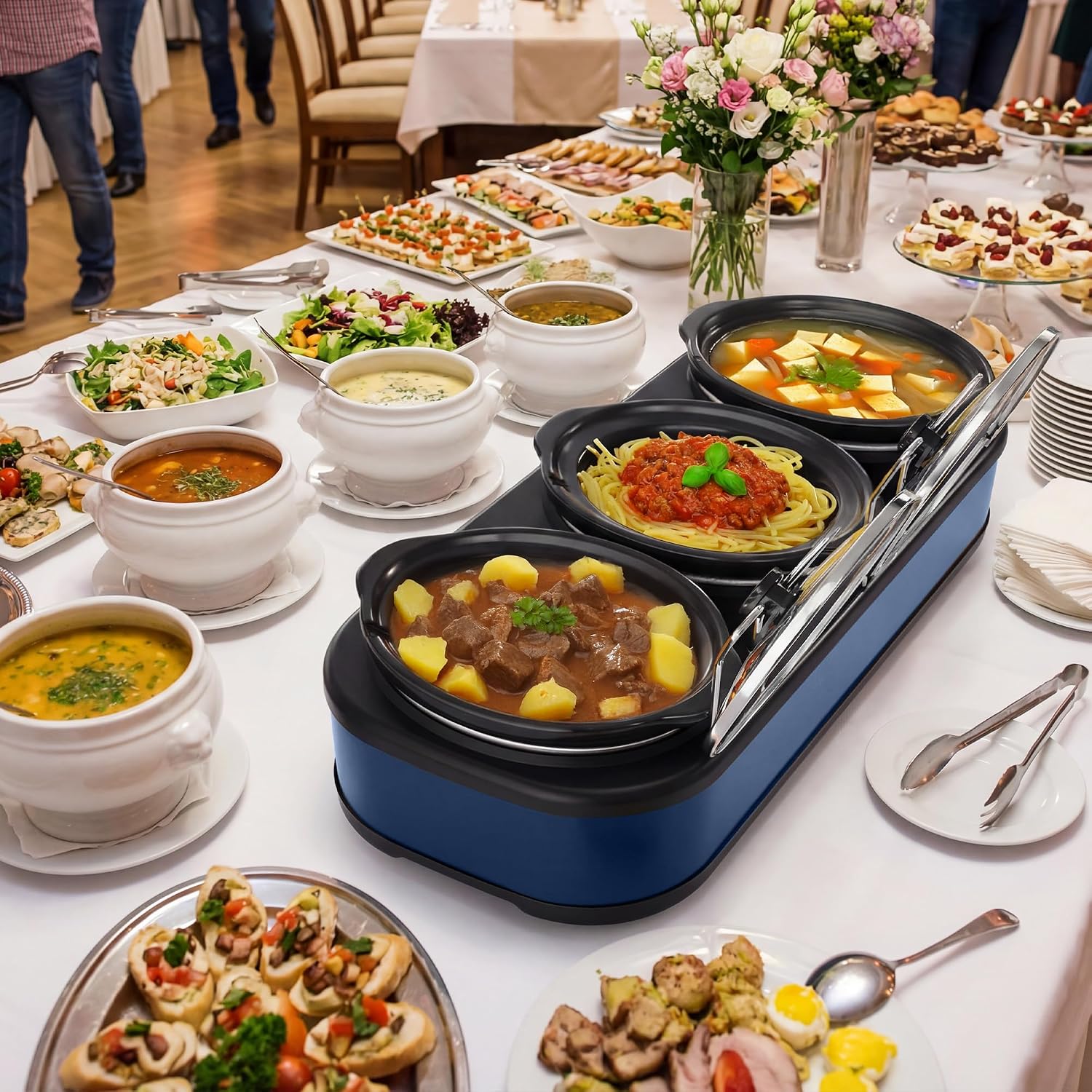 Triple Slow Cooker & Food Warmer, 3×1.5 QT Buffet Slow Cooker with Removable Ceramic Pots, PFAS-Free, 3 Temperature Settings, Dishwasher-Safe Glass Lids & Spoons for Parties Families, Blue