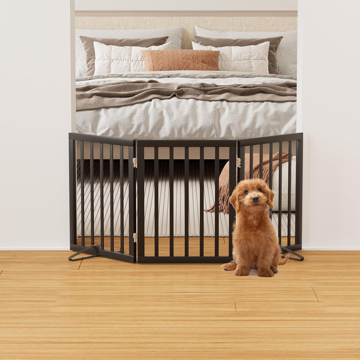 Black 18-55" Foldable Pet Gate for Stairs & Doorways, Puppy Gate Fence Bamboo Dog Gate Black 3 Panel - 55 inches Wide