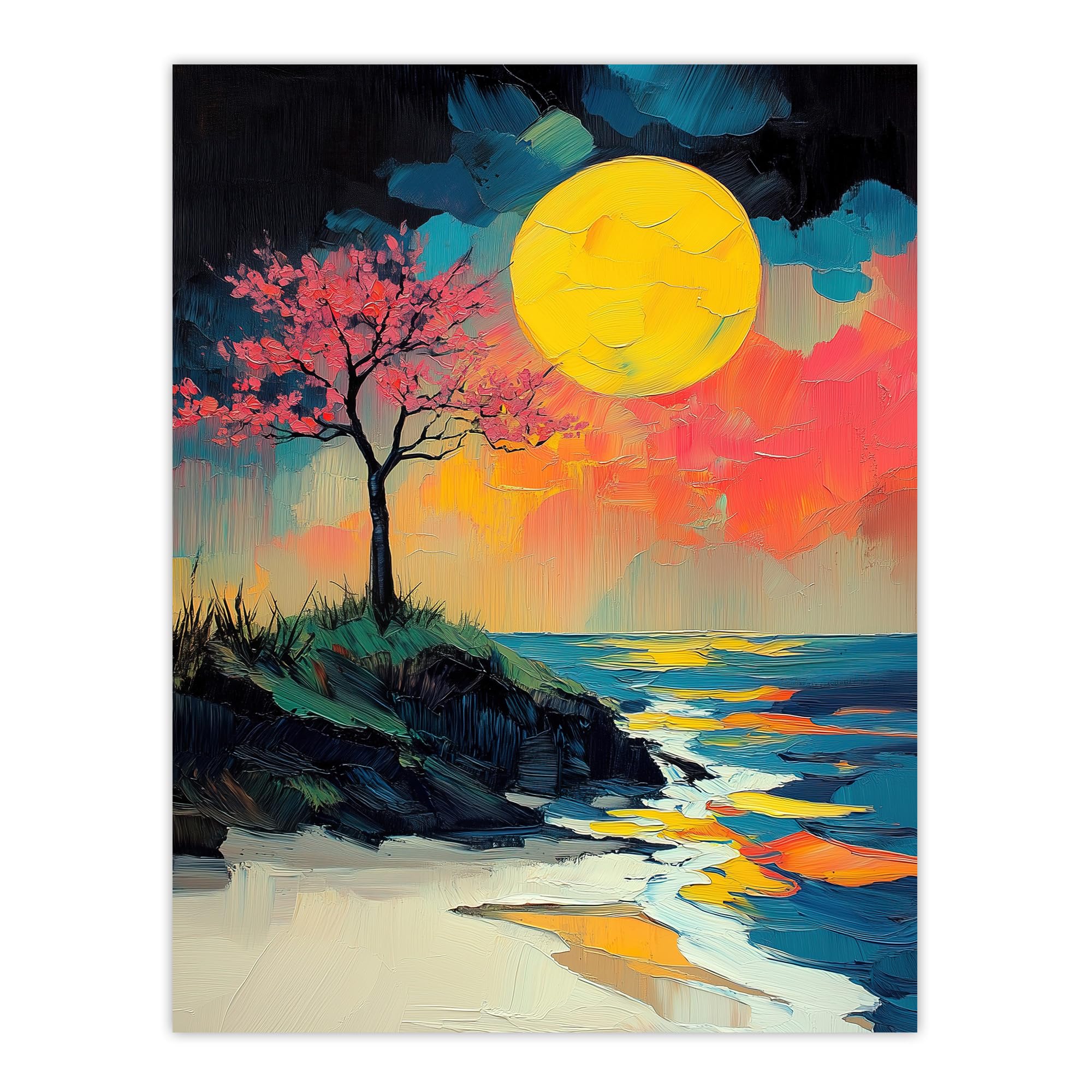 Artery8 Cherry Blossom Tree by Shore Coastal Sunset Living Room Extra Large XL Wall Art Poster Print