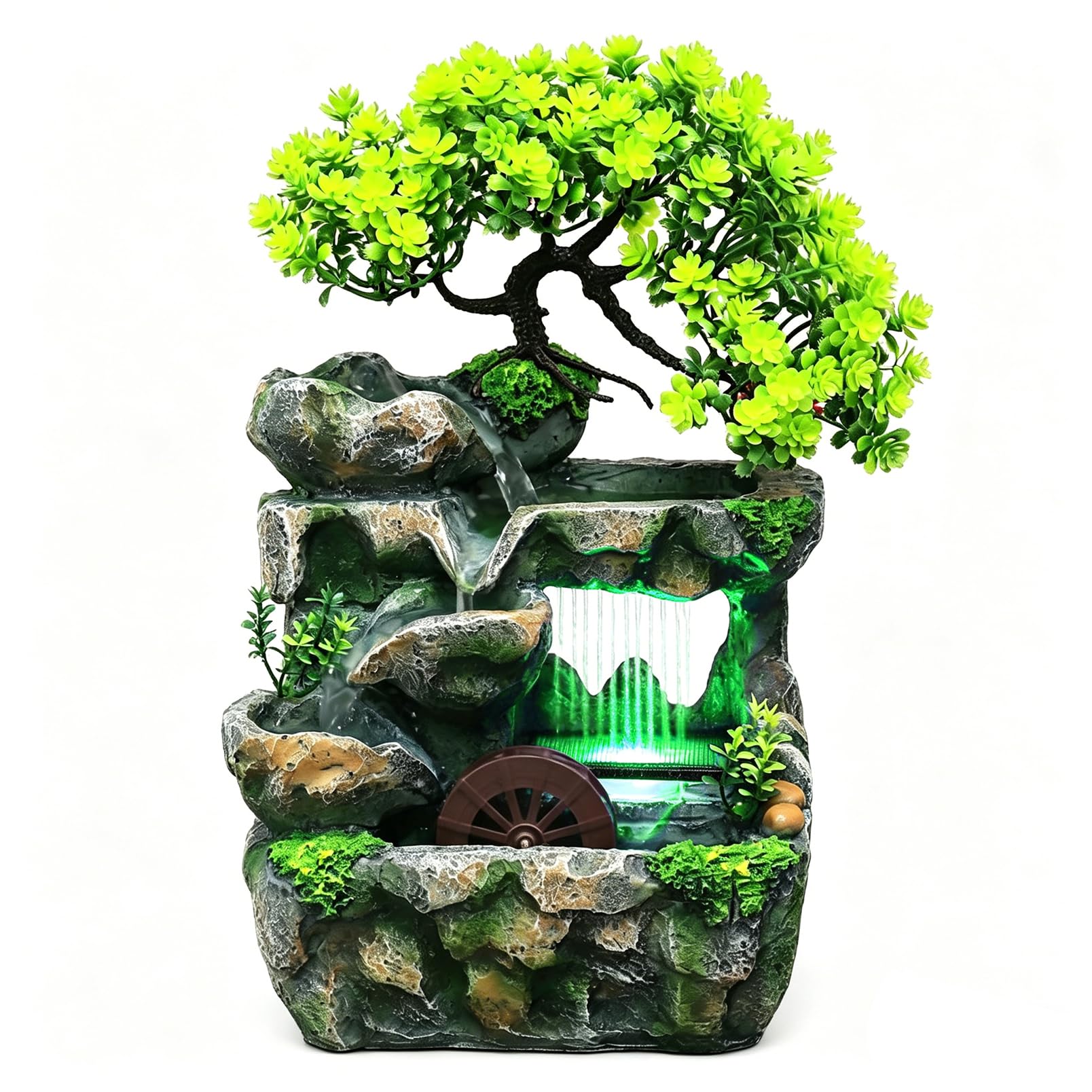 Zimmerbrunnen, Tischbrunnen mit LED Farbwechsel, Wasserfall Zimmerbrunnen mit Feng Shui Rad, Leise Tauchpumpe, Tischbrunnen Deko für Wohnzimmer Büro Schlafzimmer, Luftbefeuchtend 18x15x30 cm