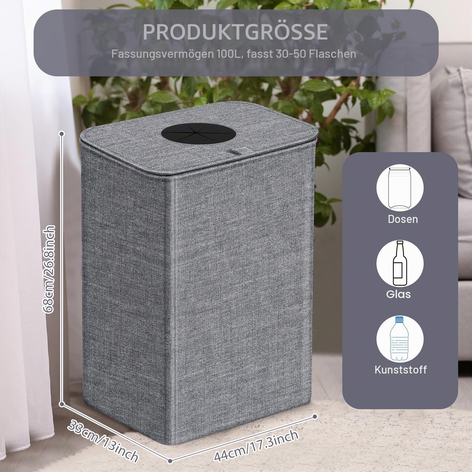 Pfandflaschen Sammelbehälter mit Deckel Abnehmbarem Beutel, 100L Recyclingbehälter Pfandflaschen Aufbewahrung Mülleimer Küche Pfandbehälter Sammel-Behälter Leergut Altglas Aufbewahrung (grau)