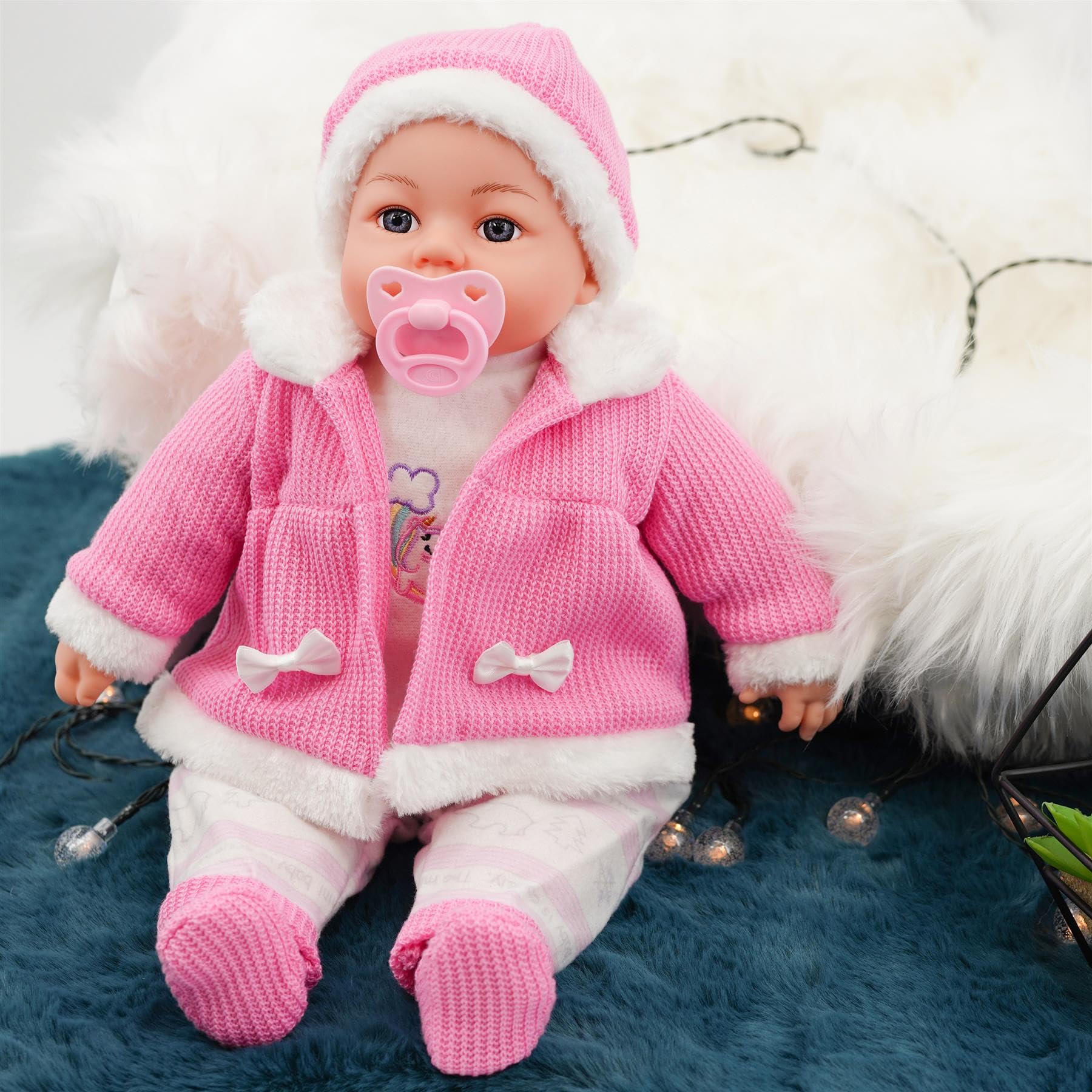 BiBi Doll 18" Baby Girl Doll with Dummy & Sounds, Lifelike, Soft Body, Pink Coat Outfit - Image 4