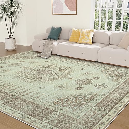 8x10 Area Rugs for Living Room: Washable Rug 8x10 Beige Large Indoor Carpet, Vintage Distressed Soft Non Slip Area Rug for Bedroom Dining Room Nursery Home Office Farmhouse(8 x 10,Beige/Brown)