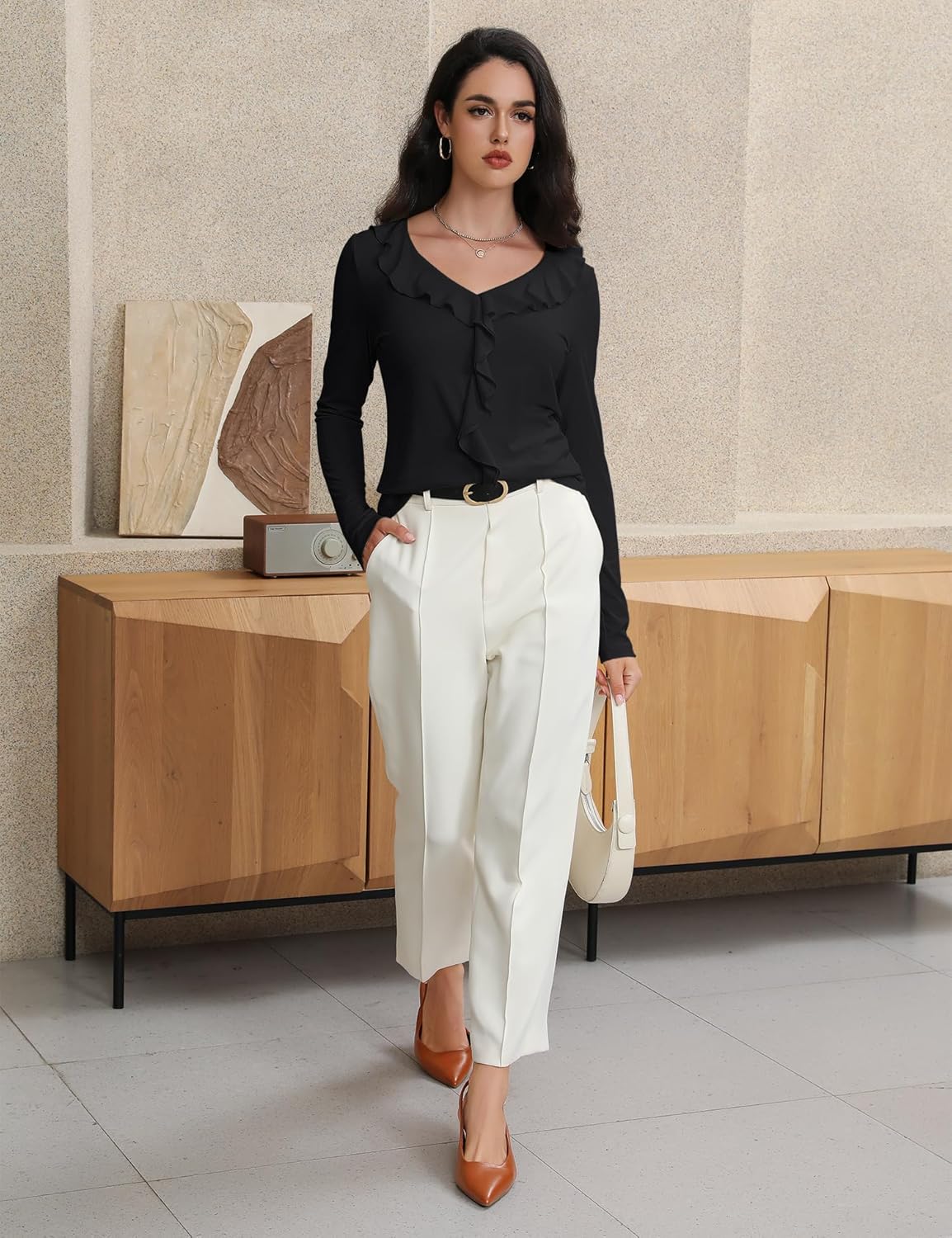 Women's Long Sleeve Shirts Dressy Casual V Neck Ruffle Knit Tunic Tops 2025 Fall Trendy Work Blouse - Image 3