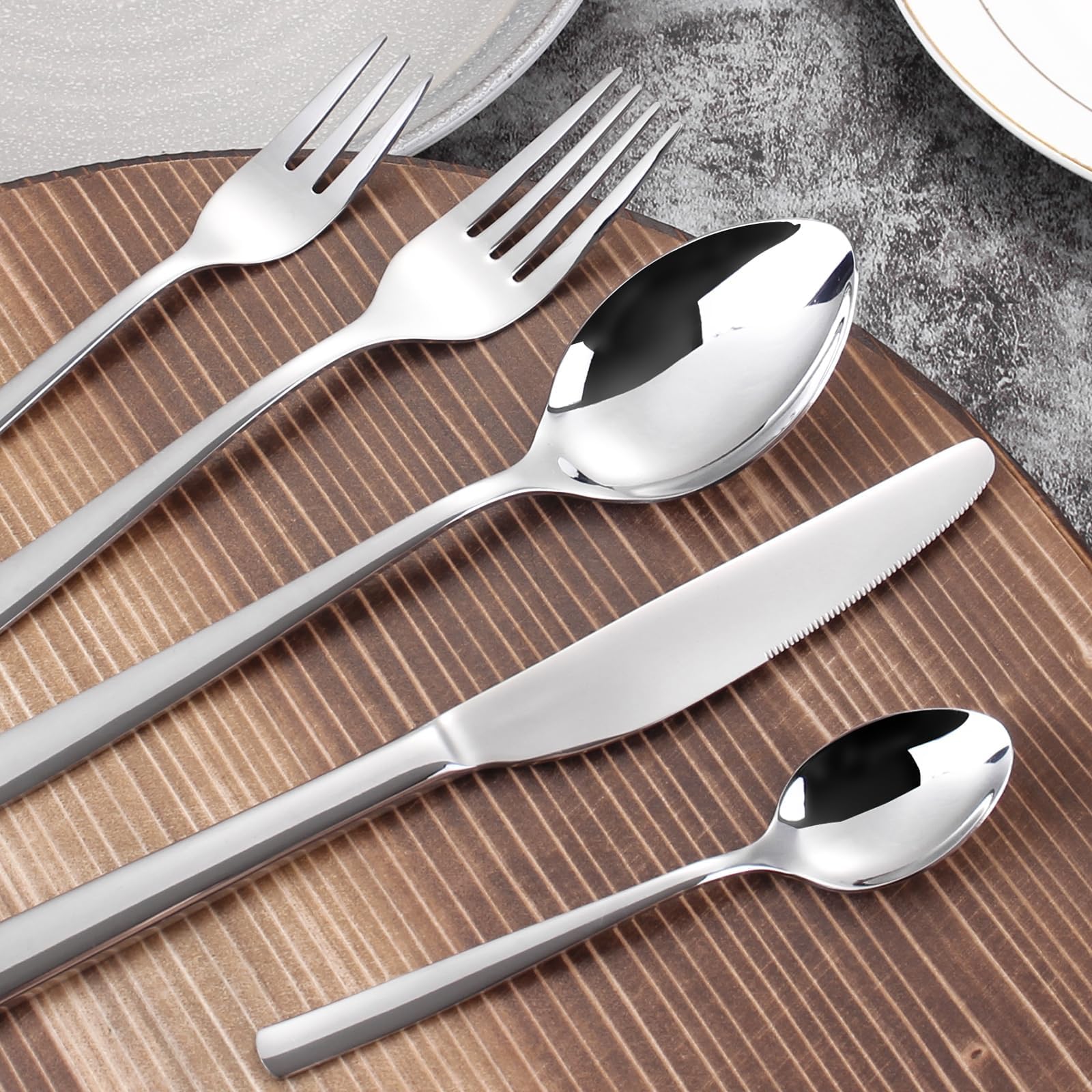 Juego de cubiertos para 6 personas, 30 piezas de acero inoxidable, juego de cubertería plateado, elegante acero inoxidable con cuchillo, tenedor, cuchara y apto para lavavajillas