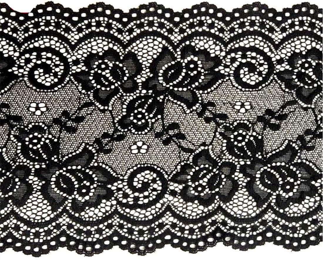 5 Yards 15cm Stretch Lace Trim Ribbon Floral Lace Ribbon Stretchy Embroidered Tulle Lace Trimming Fabric for DIY Craft Sewing Clothes Accessories Party Decoration (Black)