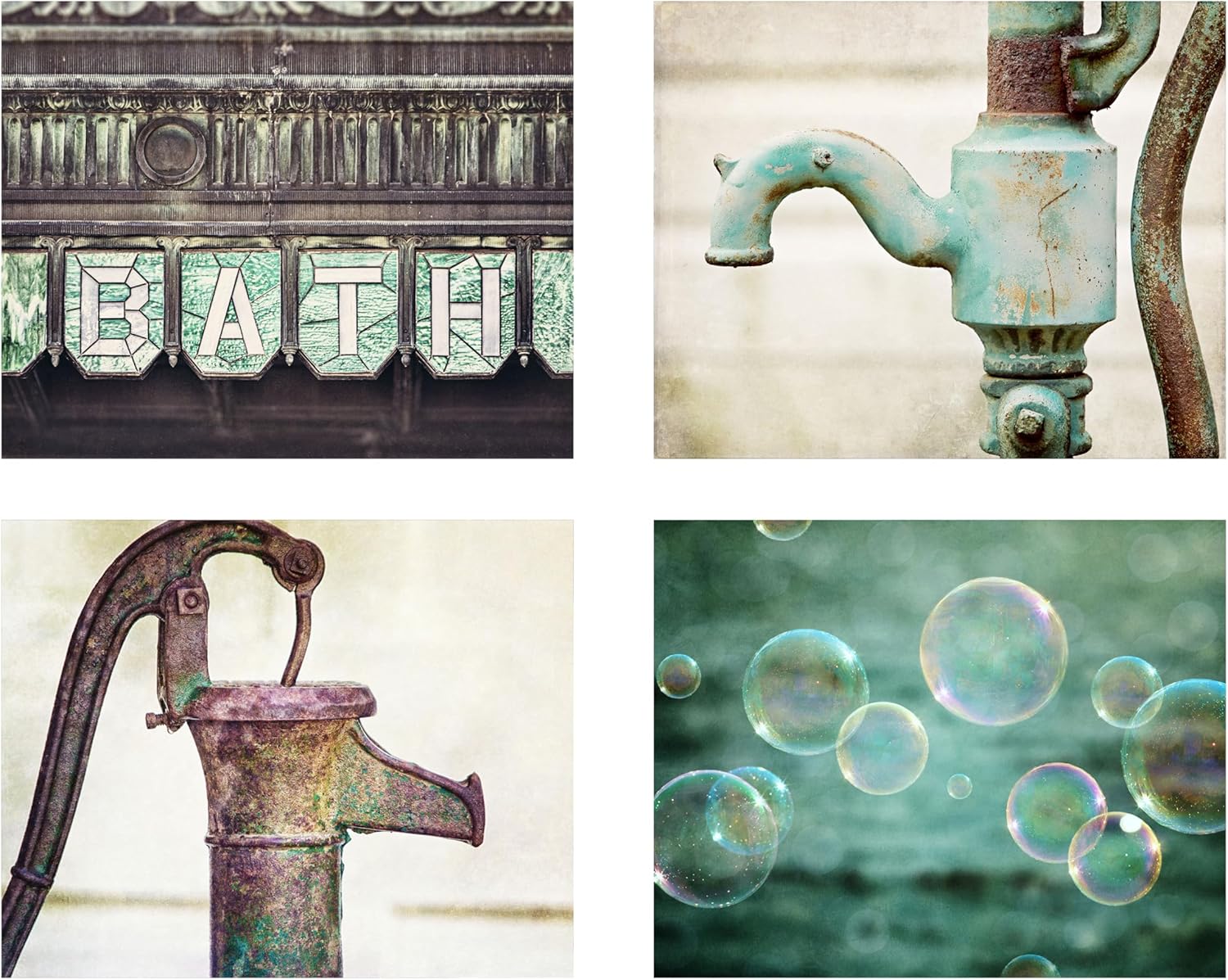 Lisa Russo Fine Art - Bathroom Wall Art Set of 4 SMALL 5x7” Prints - Not Framed - Bath, Bubbles, Pitcher Pumps - Green, Blue, Teal, Aqua, Vintage, Farmhouse, Rustic Style - Restroom Pictures