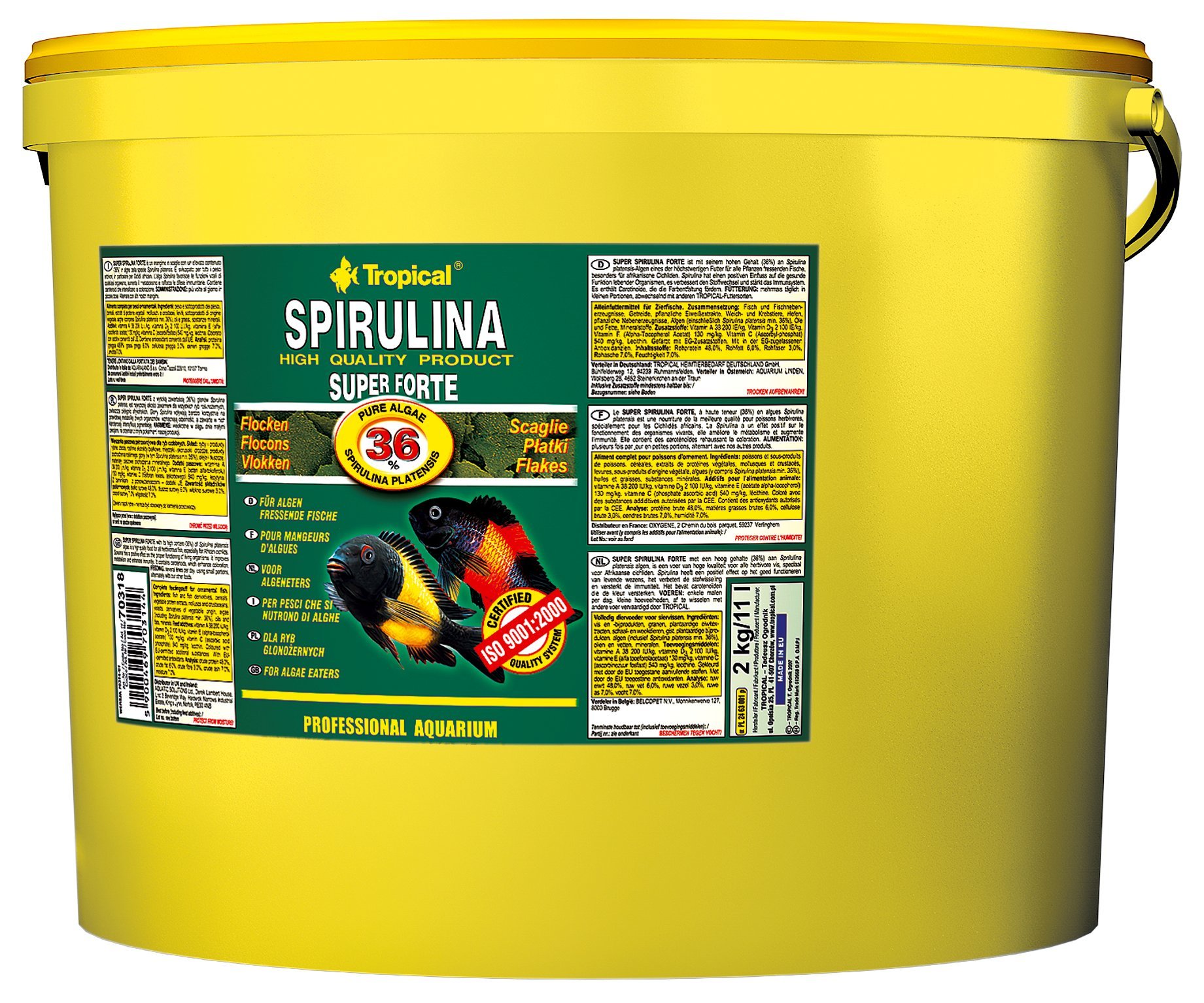 Super SPIRULINA Forte 36% 11L / 2kg - alimento para Peces en Forma de Escamas con Altas Necesidades nutricionales
