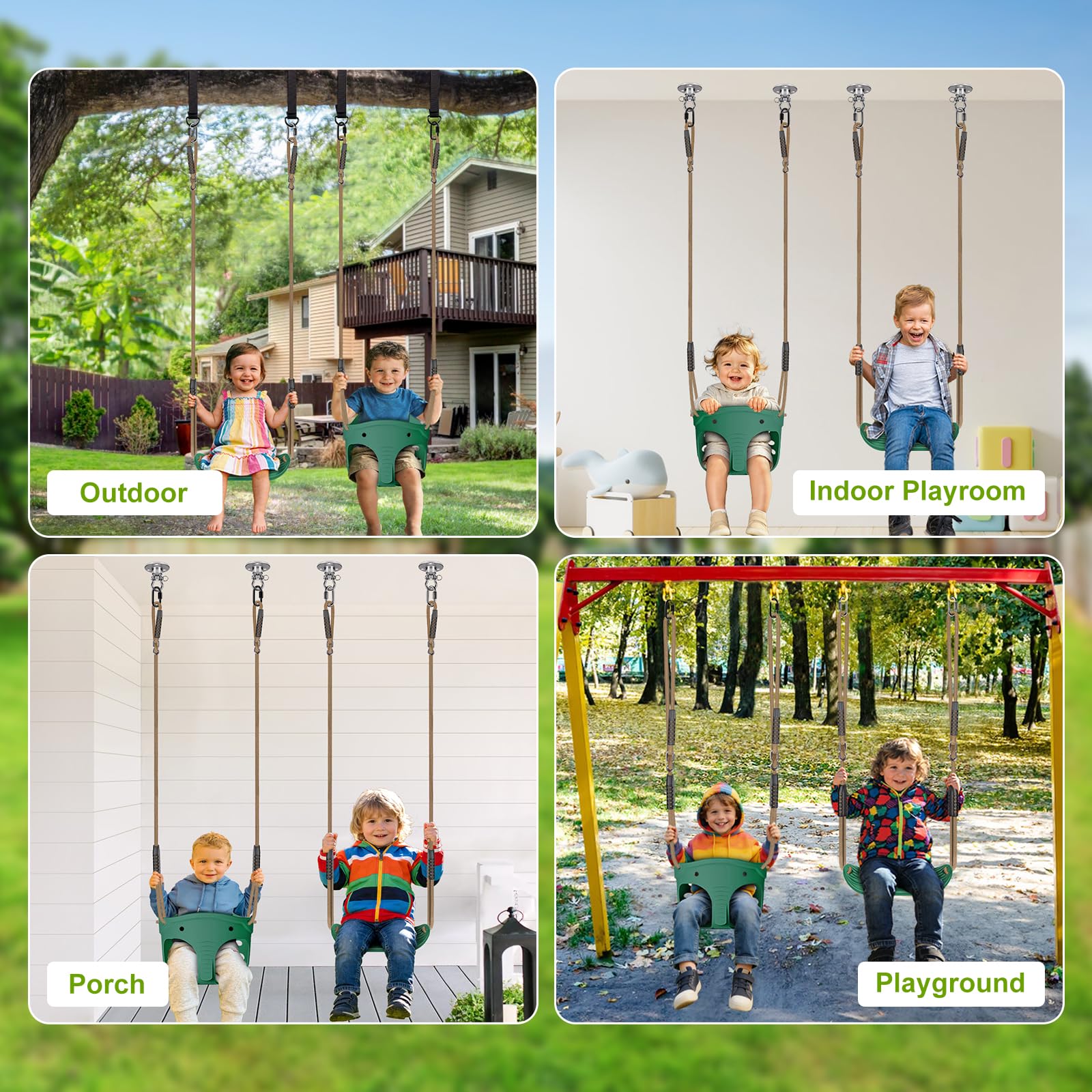 BeneLabel 2 asientos de columpio, cubo de plástico suave para niños, columpios para interiores y exteriores, árbol para niños, tabla de columpio dura con respaldo alto ajustable de 130 a 200 cm
