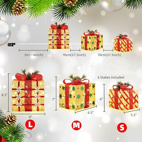 Miniatura 5 de LAMPHOME Cajas iluminadas de Navidad, juego de 3 70 luces LED para decoración al aire libre, cajas de Navidad iluminadas, decoración de regalo para
