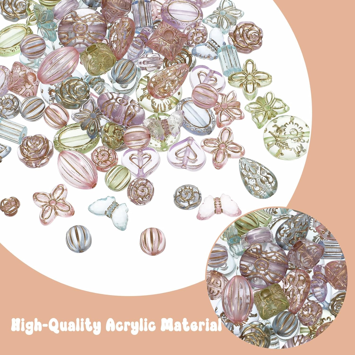 100PCS Bohemia Acrylic Beads Cute Kawaii Aesthetic Assorted Beads Mix Metal Enlaced Transparent Bead Heart Butterfly Flower Round Oval Czech Bead for Bracelet Earring Necklace DIY Craft - Image 3