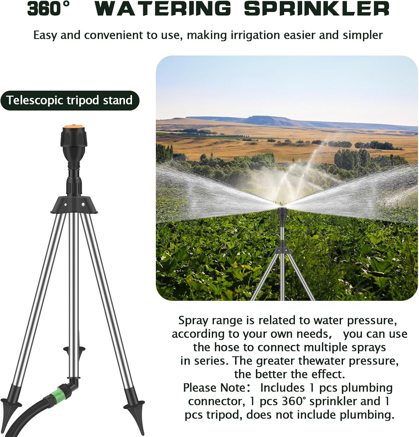 Tripod Sprinklers for Yard, 360 Degree Rotating Lawn Sprinkler, Large Area Coverage, Automatic Rotating Irrigation, Black Plastic & Stainless Steel Rotary Sprinkler