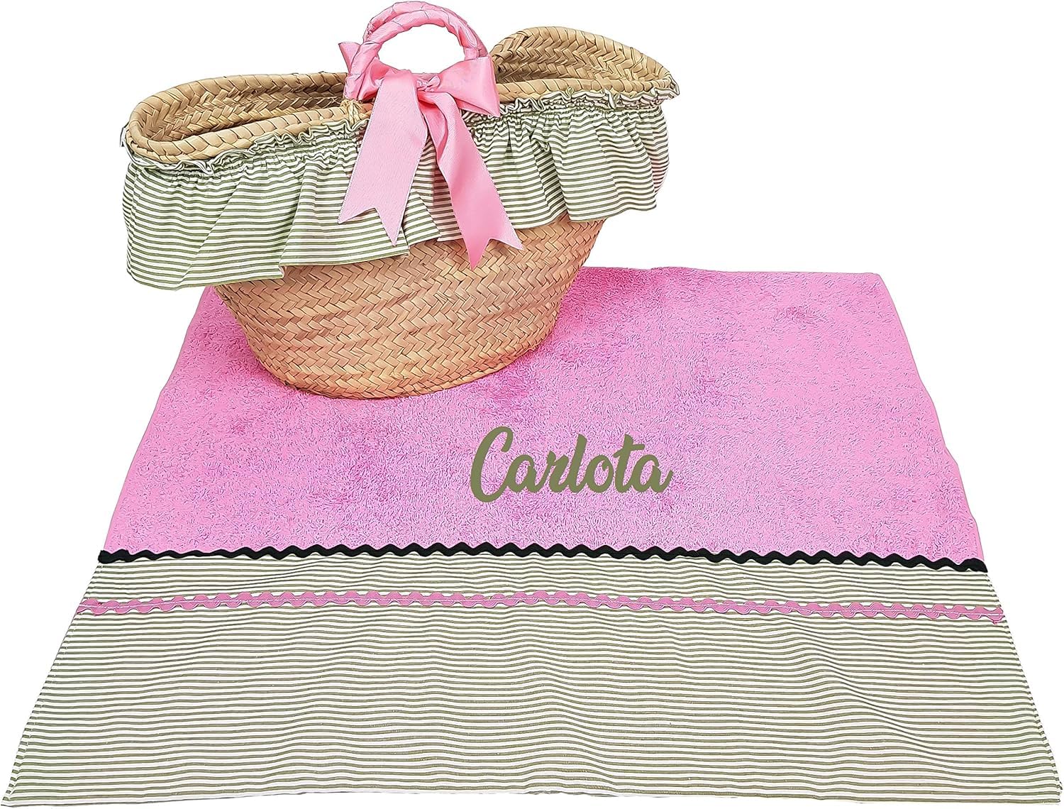 Capazo Mimbre y Toalla de Playa Personalizado para niña - Conjunto para piscina con nombre bordado - 2 Piezas (Good Vibes Rosa/Verde)