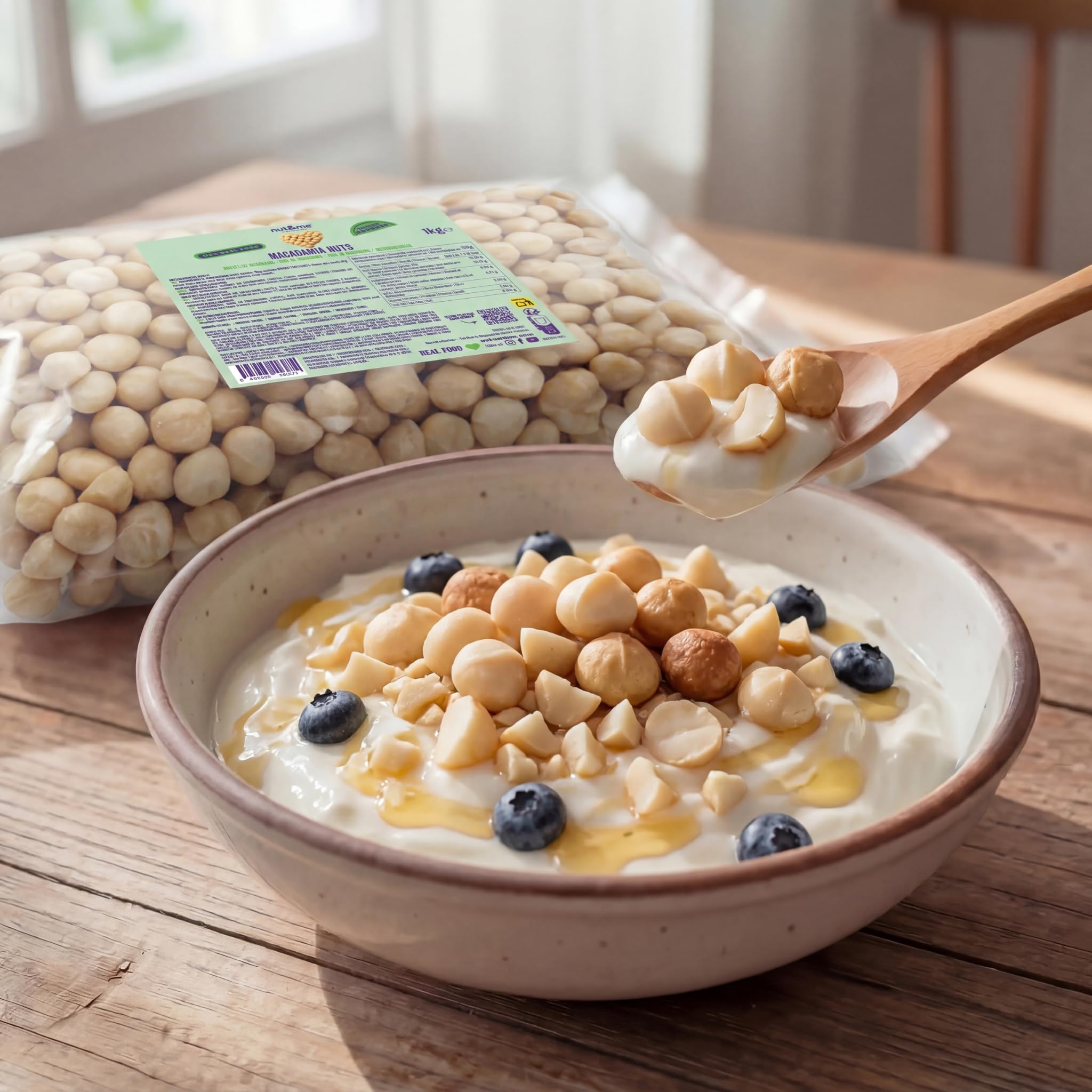 nut&me Noix de Macadamia 1 kg | Noix macadamia entières, sans coque, sans gluten ni additifs | Idéales pour snack, pâtisserie, granola, salades et recettes sucrées