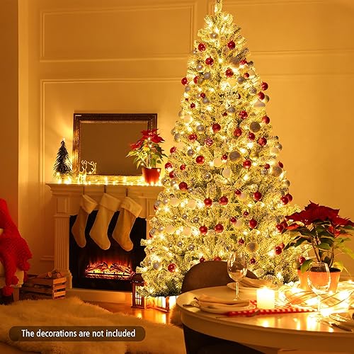 Miniatura 9 de Happygrill Árbol de Navidad artificial flocado de 7 pies con bisagras, árbol de Navidad artificial preiluminado con 1,116 puntas de rama, 450 luces
