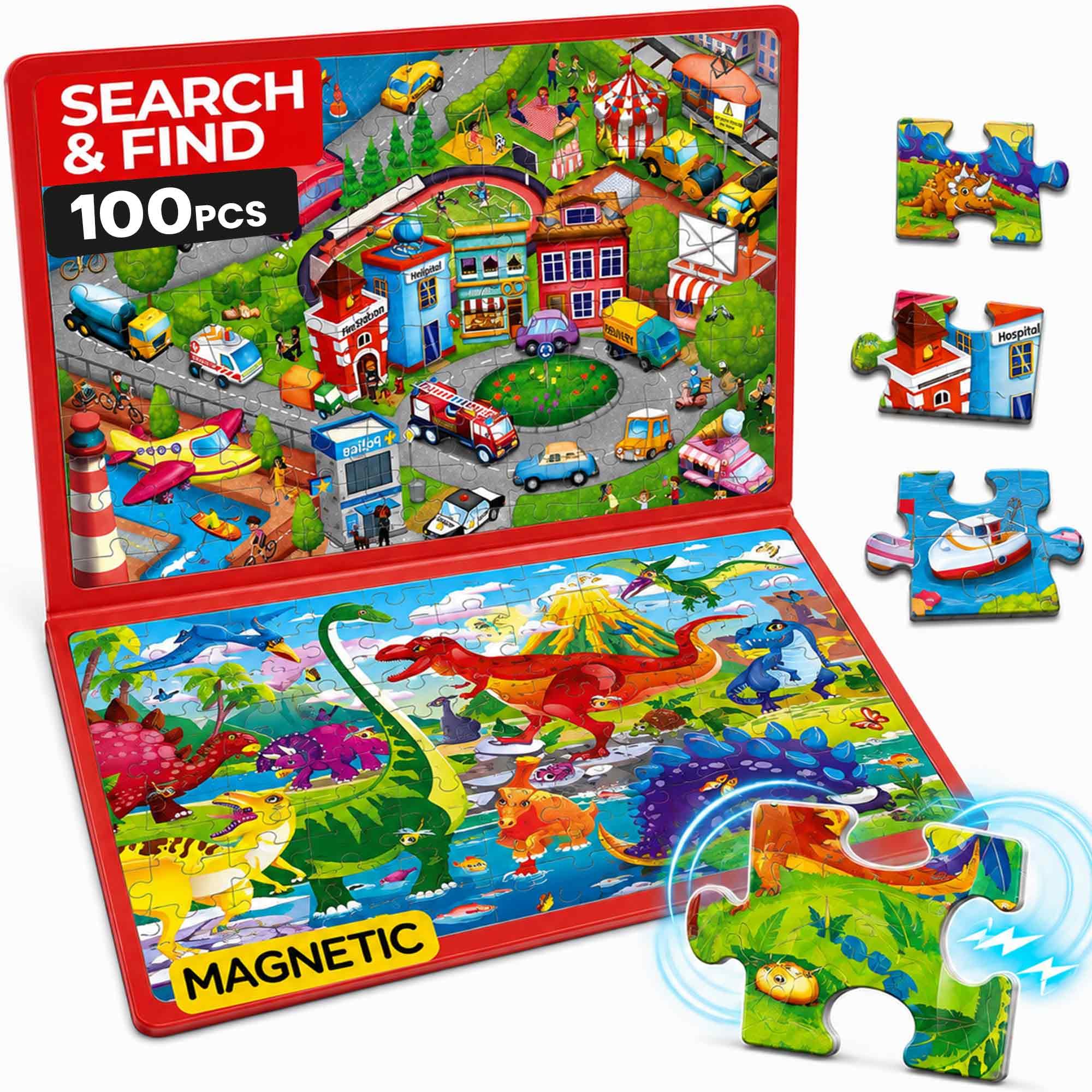 QUOKKA Magnetic 2x100 Piece Jigsaw Puzzles For Children - Kids Puzzles For 6 7 Year Olds with Spot The Difference Maps - Search and Find Home and Travel Magnetic Activity Book - Dinos & City Cars