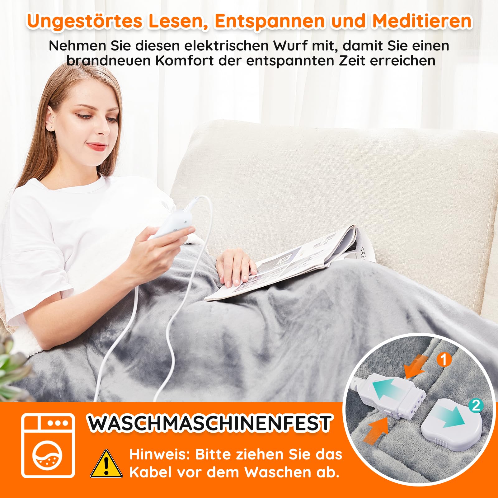 Mia&Coco Heizdecke mit Abschaltautomatik 180x130 cm, 10 Heizstufen, 9 Std. Auto-Off Timer, Überhitzungsschutz, maschinenwaschbar, elektrische Wärmedecke aus Flanell für Bett, Sofa & Wohnzimmer, Grau