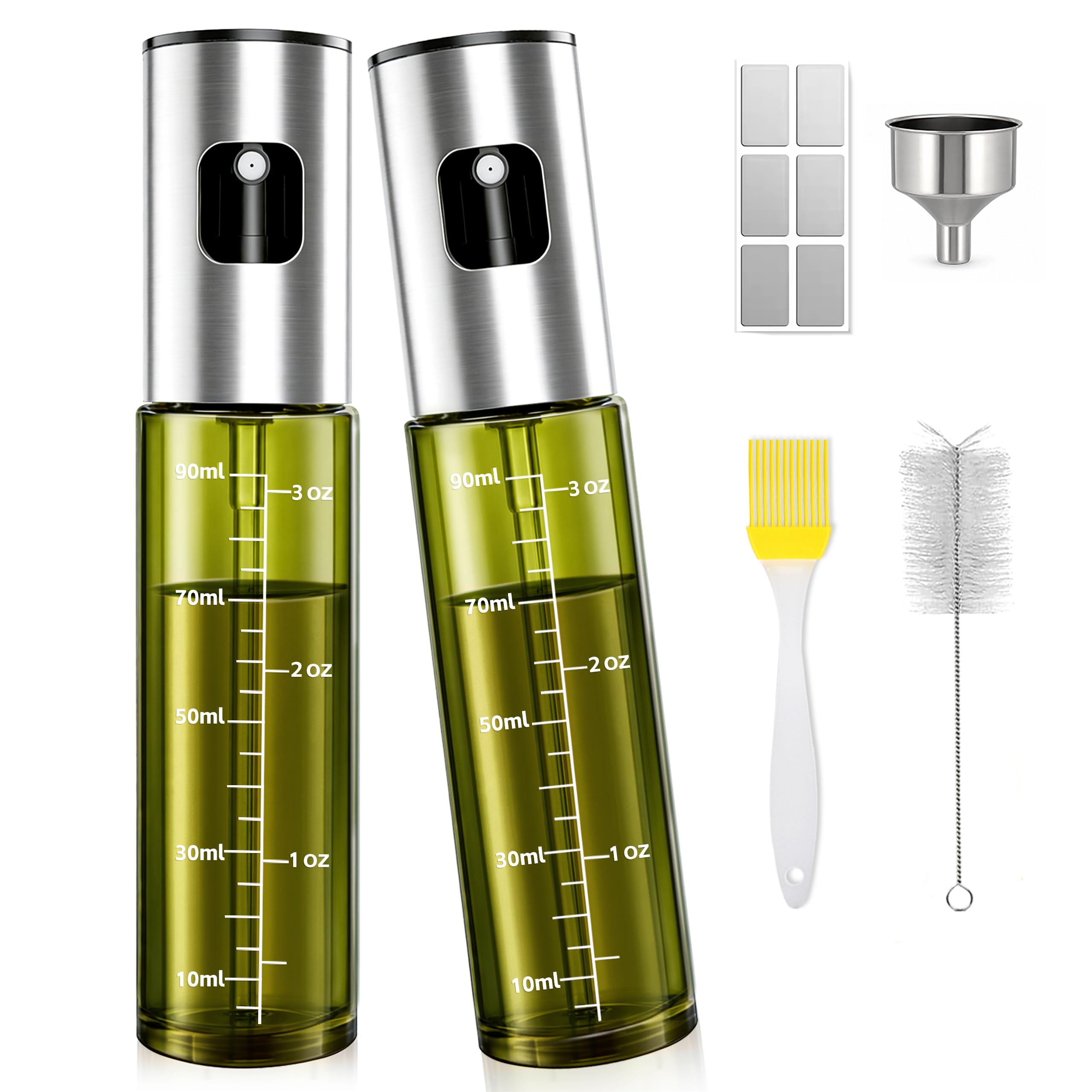Sprühflasche Öl 2er Set, 2x100 ml Ölsprüher Glas aus UV-Schutzglas | Olivenöl Sprühflasche aus Glas für Speiseöl, feiner Sprühnebel, Ölspray Alternative für Heißluftfritteuse, Salat & Backen