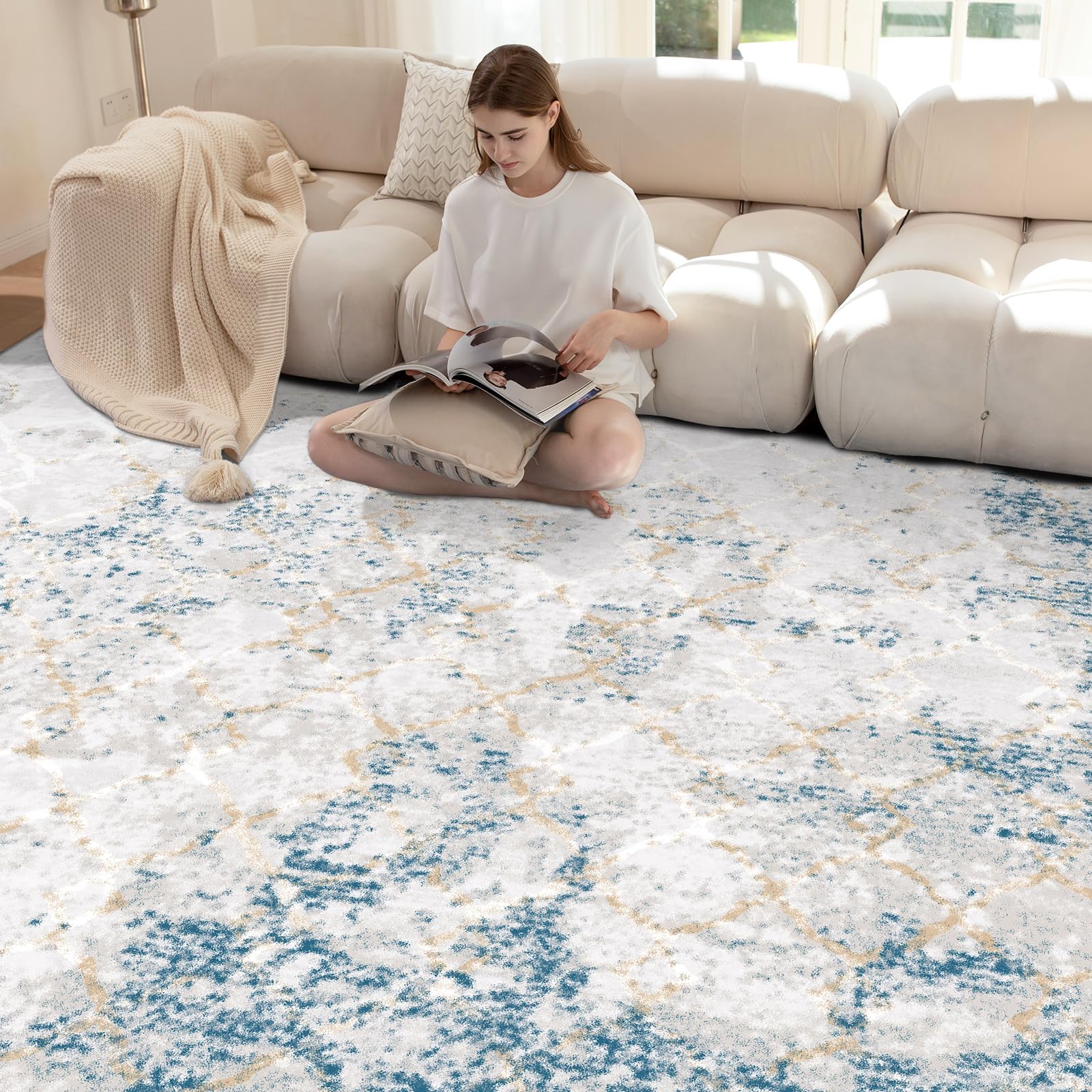 Ruggnovea 8x10 Area Rugs 8x10, Machine Washable Area Rugs for Living Room, Blue Teal Area Rug with Non Slip Dots for Bedroom, Low Pile Carpet with Modern Stripe Printing, Fade Resistant Area Mats