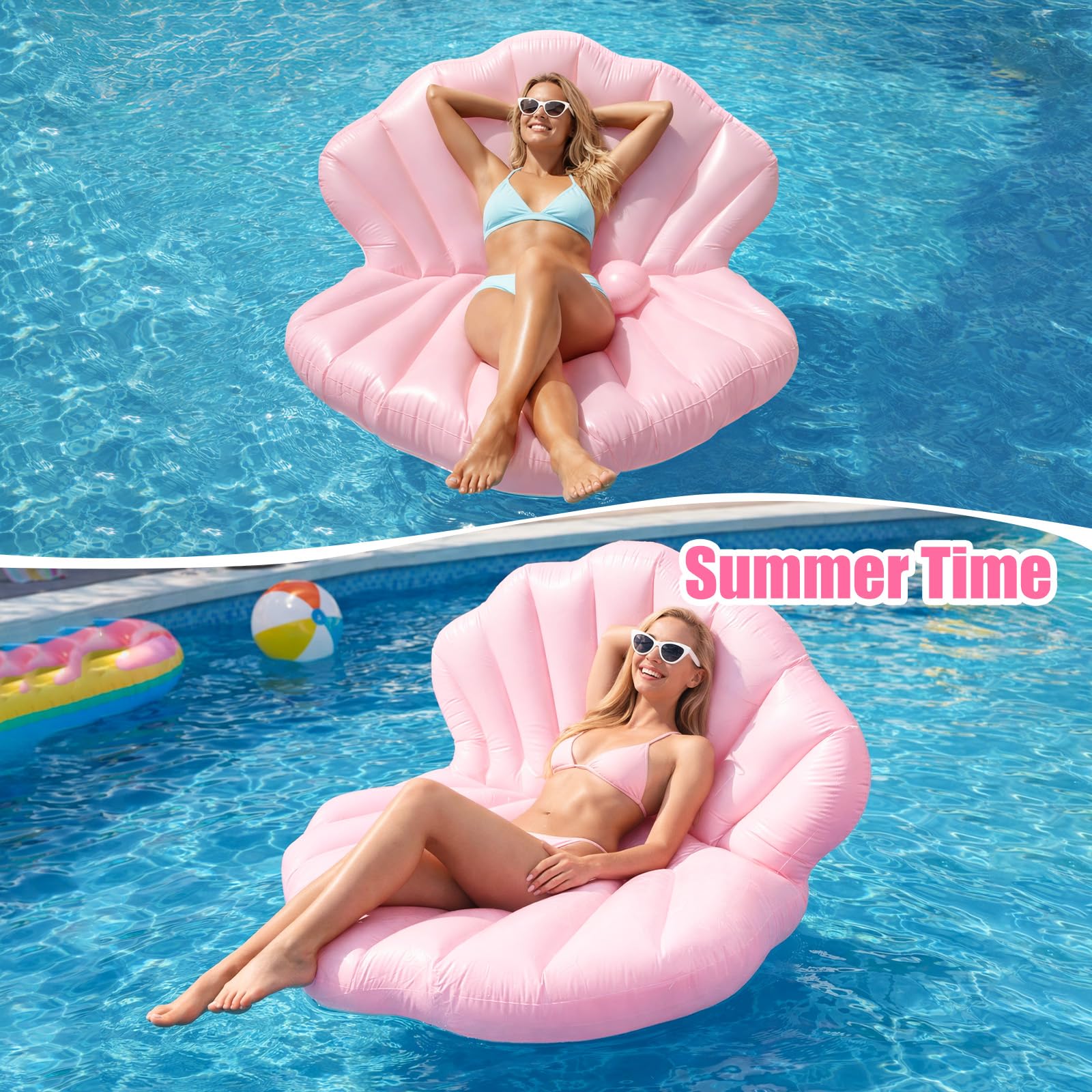 BOXOB Bouée Piscine Coquillage 144cm, Bouée Plage Géante Gonflable Renforcée en Forme Coquillage avec Boule Perle pour Bronzer Enterrement Vie Jeune Fille Décoration Fête Piscine (Rose)
