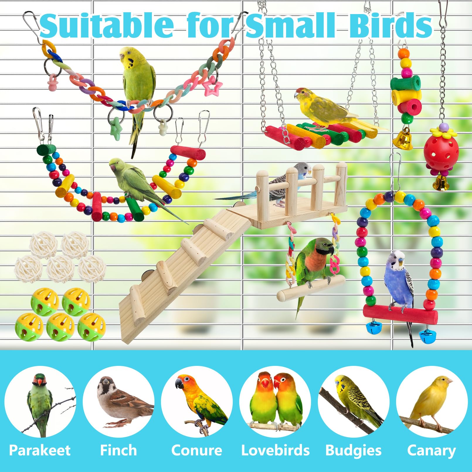 Hamiledyi Papageienschaukelspielzeug, Sitzstangen mit Kletterleiter, zum Kauen, Hängen, Stehen, buntes Spielzeug, Käfigzubehör für Sittiche, Sittiche, Finken, Lovebirds, Wellensittiche, Kanarienvögel