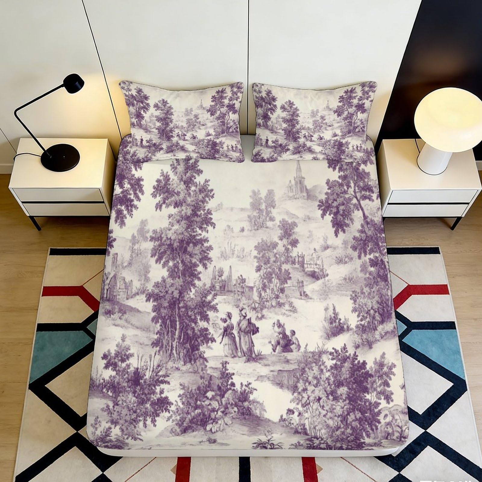 3D Printed Purple Vintage Landscape Fitted Sheet Microfiber Durable Soft 3D Printed Classic Scene Mattress Cover for Bedroom Dormitory Guest Room 180x200x25cm