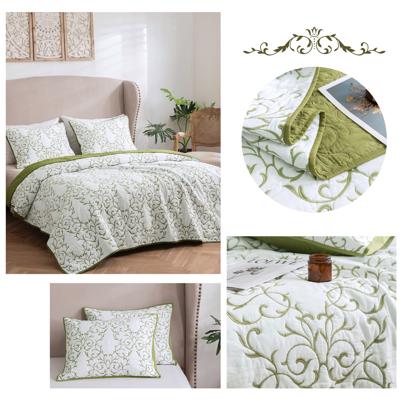 mixinni - Set di biancheria da letto con trapunta, in cotone bianco con foglia di palma, per letto King Size