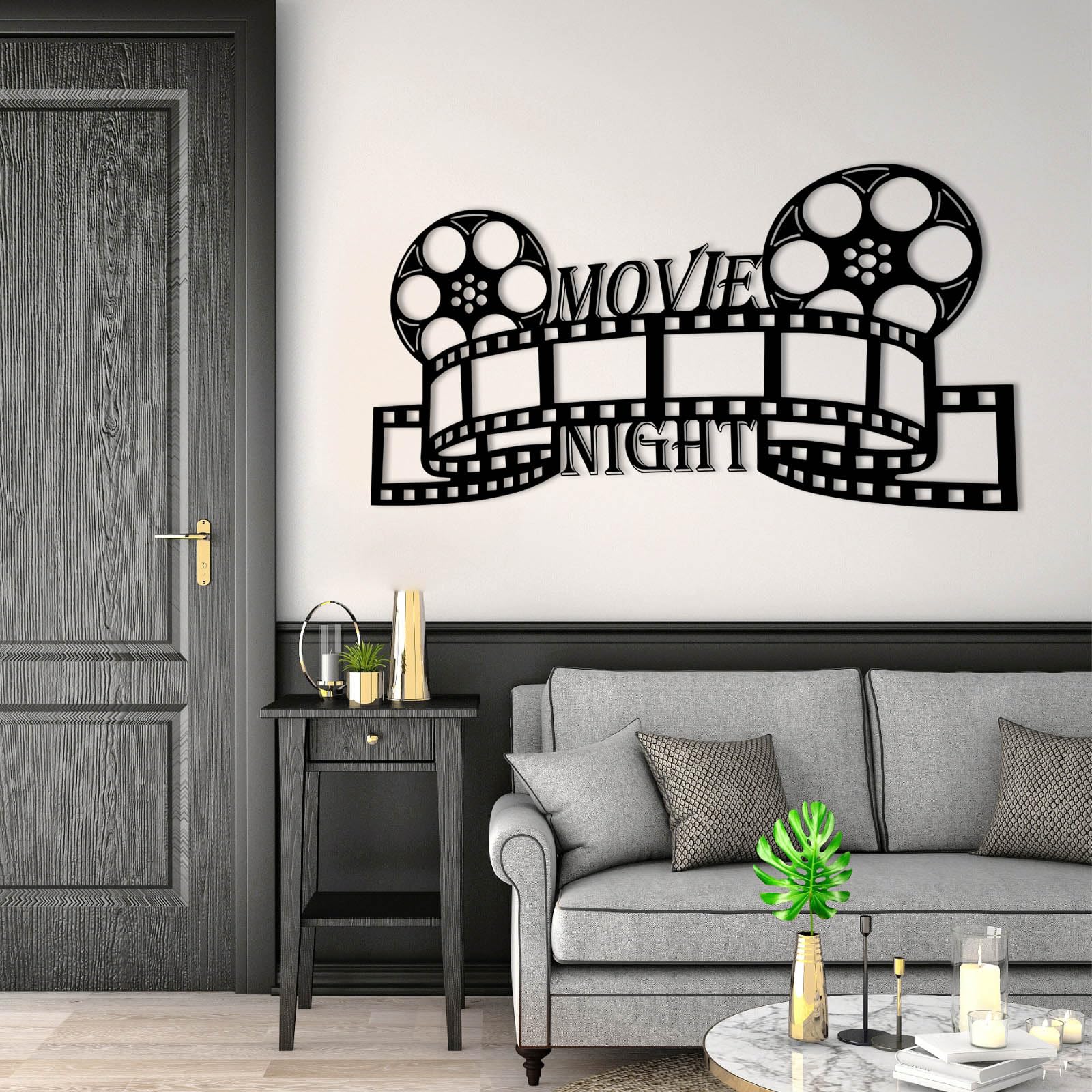 Metalowa czarna sztuka ścienna do kina, metalowa noc filmowa, dekoracja ścienna dla miłośników kina, nowoczesna rzeźba do salonu, sypialni, korytarza i schodów, wystrój domu w stylu natura